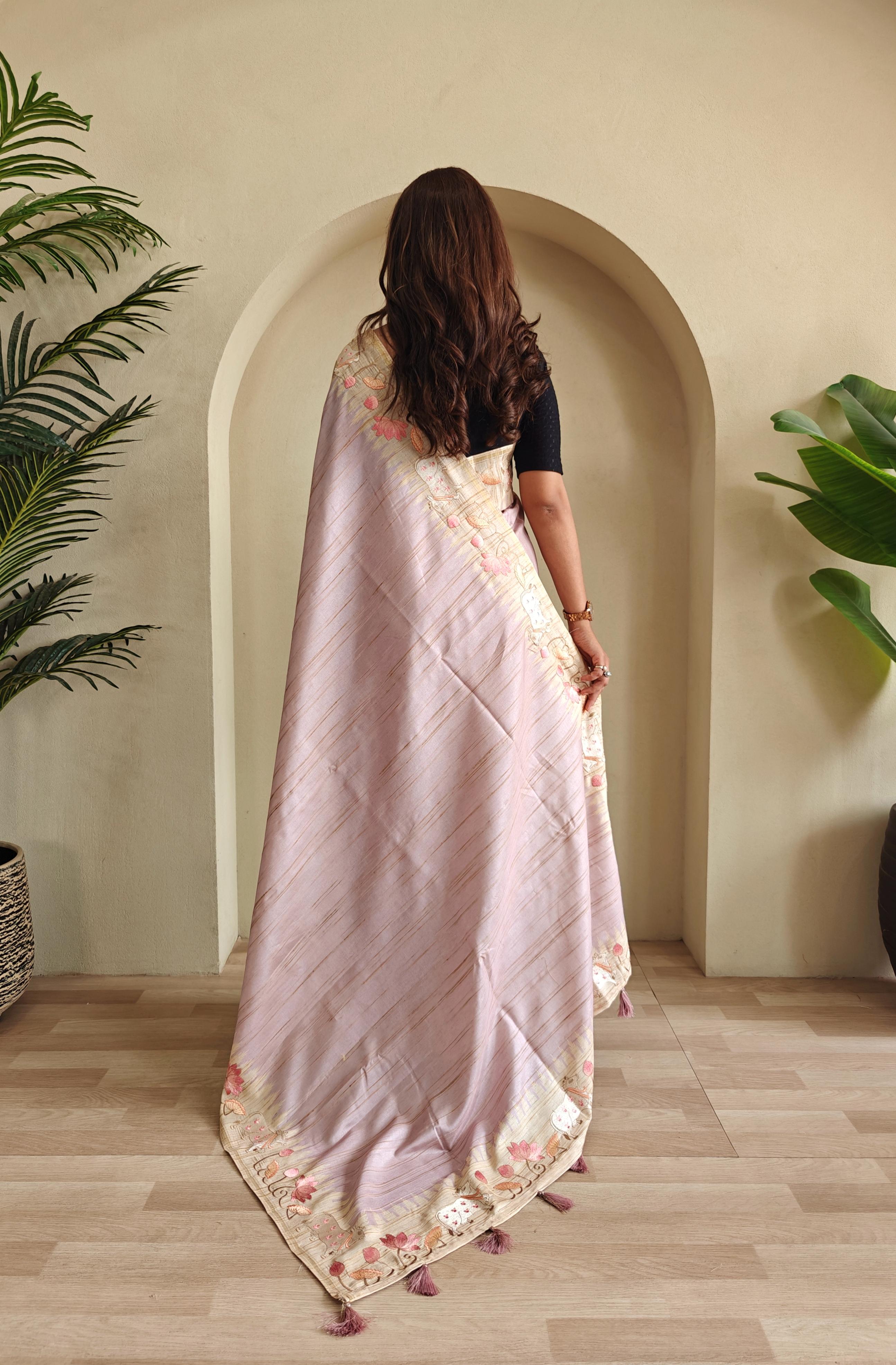 New Designer Premium Pure Loom Tusser Purple Saree With All Over Pichwai Style Embroidery Pattern and Pallu With Tassles Along With Unstiched Blouse Piece