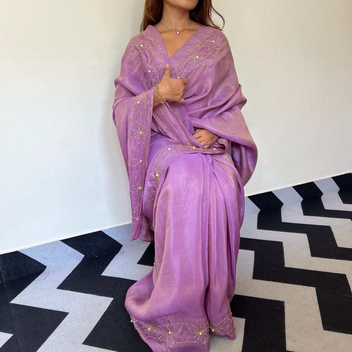New One Minute Ready To Wear Pure Soft Malai Satin Silk Saree With Beautiful Cutdana Star Hand Work with Same Model Patern Stiched Blouse