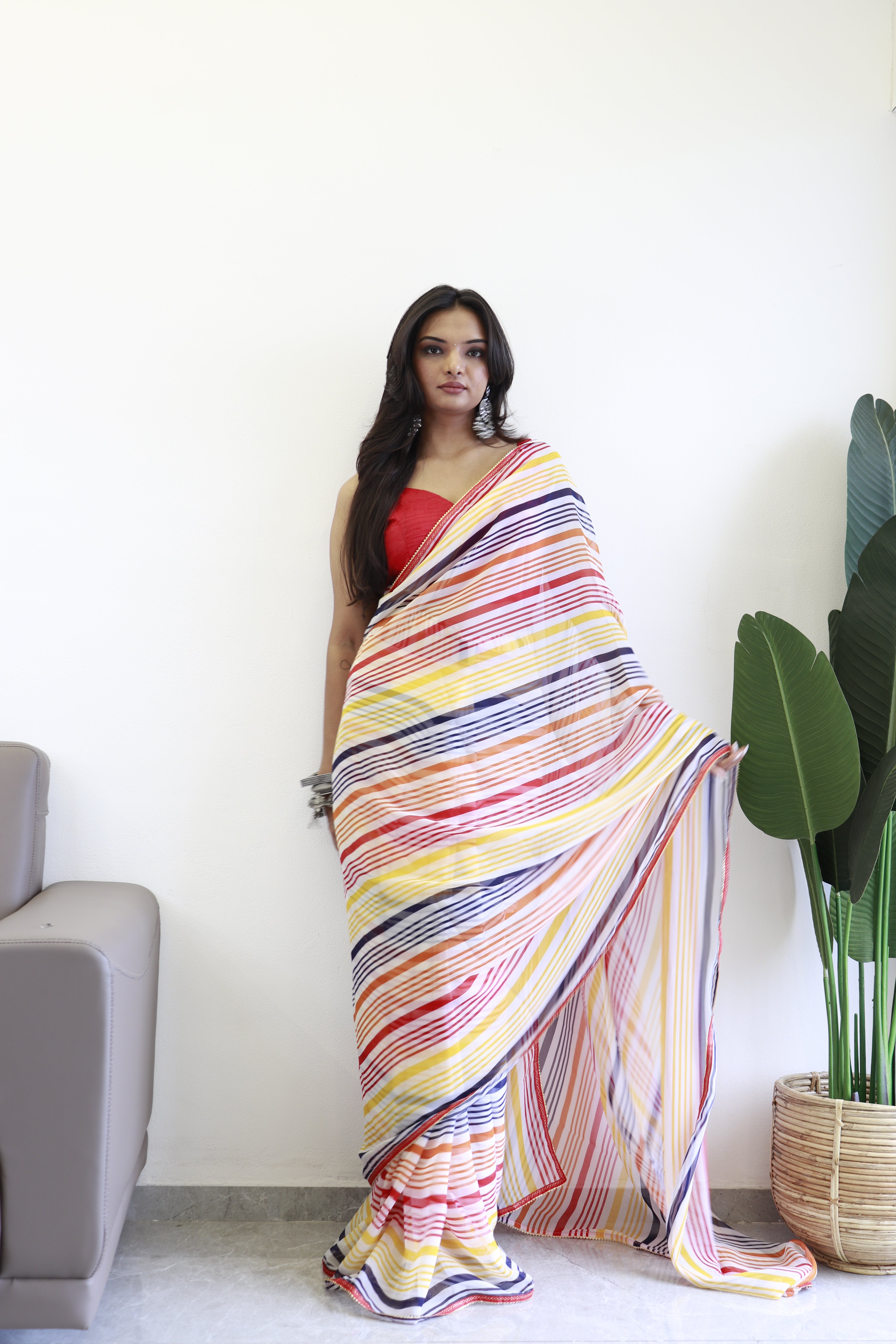 New One Minute Ready Wear Yellow Multicolor Strip Saree