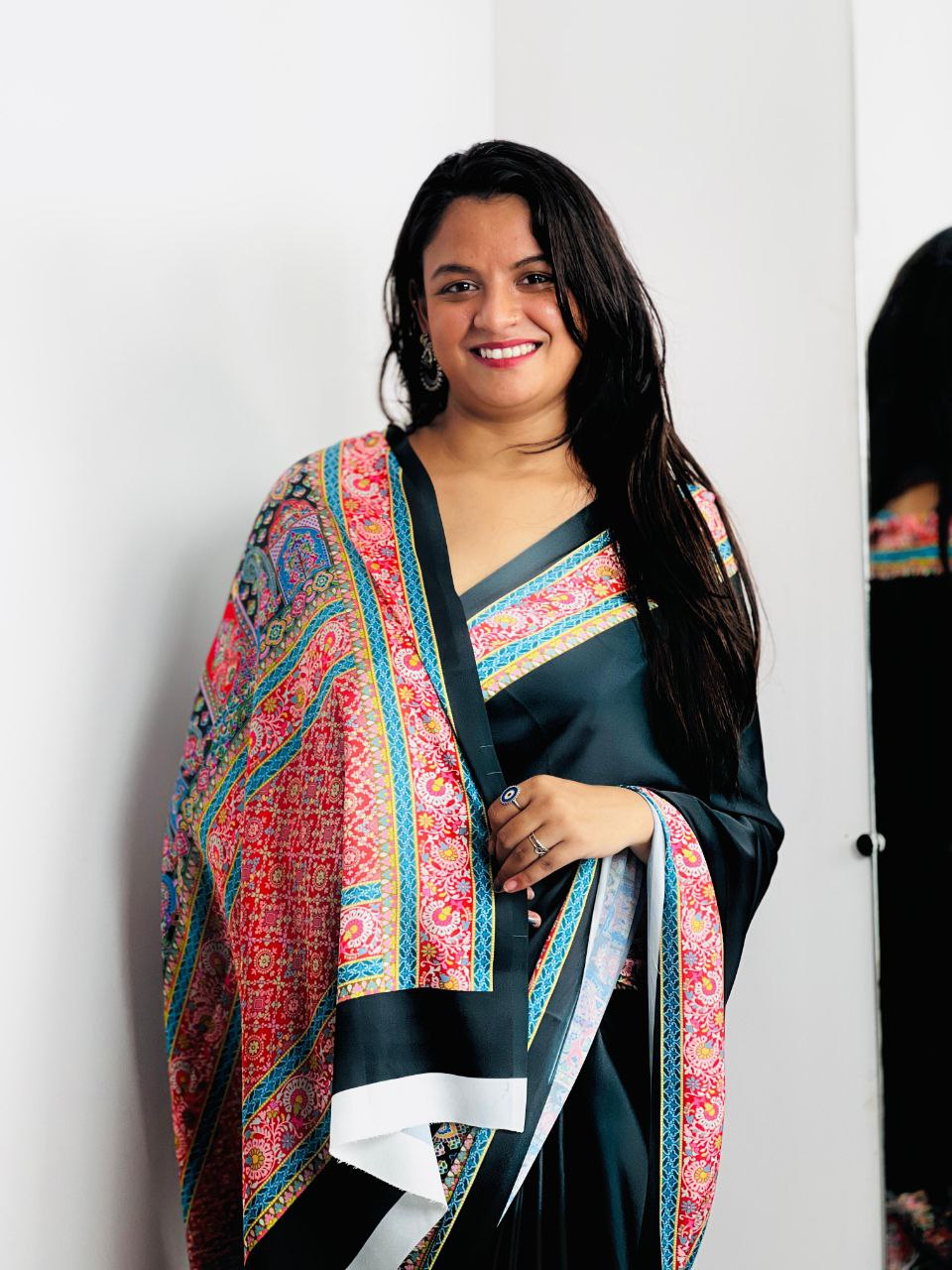 New Designer Premium Ajrakh Printed Black Satin Saree