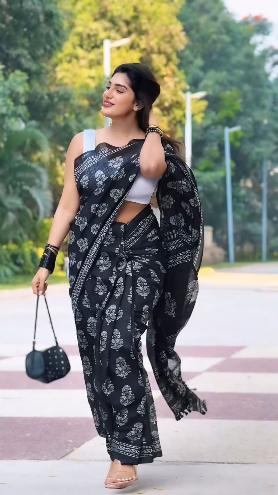 New One Minute Ready To Wear Pure Soft Linen Silk Black Saree With Same Model Unstiched Blouse