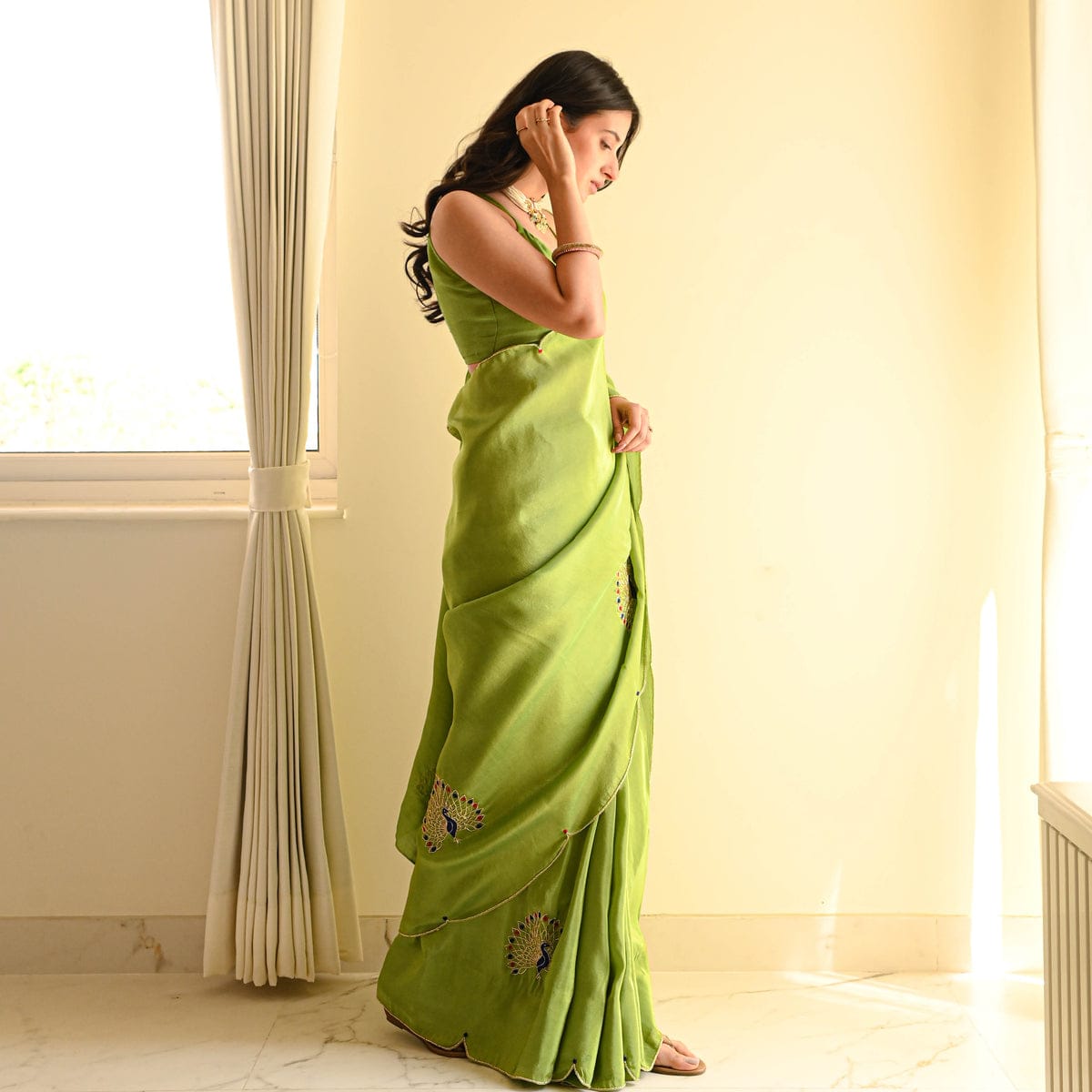 New One Minute Ready To Wear Pure Soft Malai Satin Silk Saree With Beautiful Hand worked Peacock Blooming with Same Model Patern Stiched Blouse