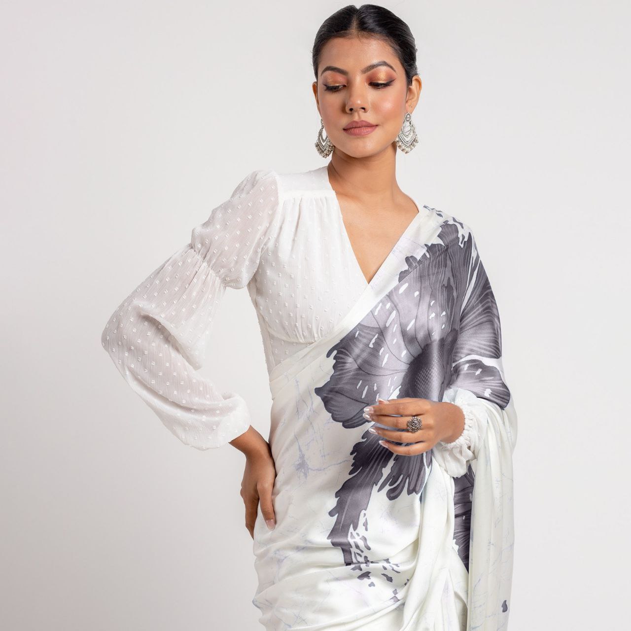 New Designer Original Japan Satin Devsena White Saree With Grey Flower Digital Print