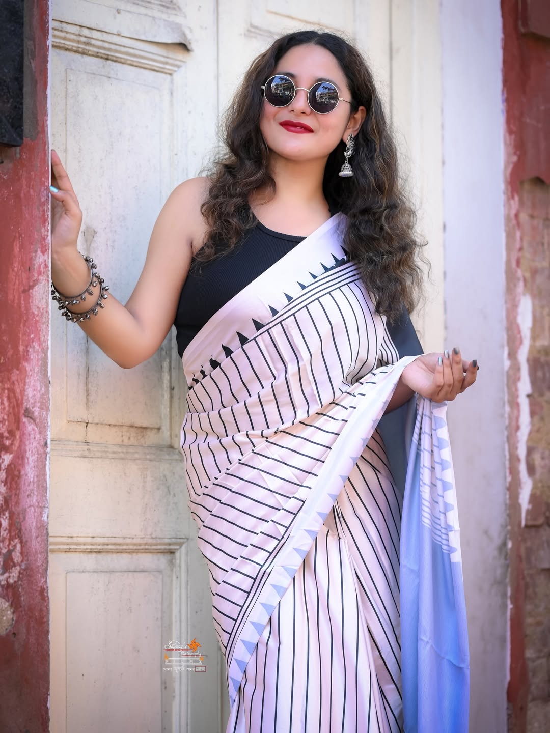 New One Minute Ready To Wear Digital Printed Crape Silk Black and White Saree
