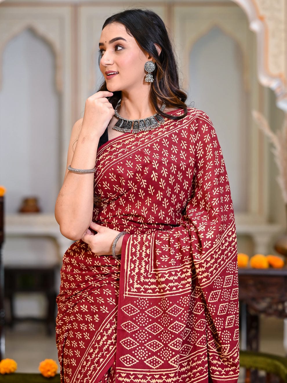 New One Minute Ready To Wear  Pure Soft Linen Silk Digital Printed Reddish Maroon Saree With Same Model Unstiched Blouse
