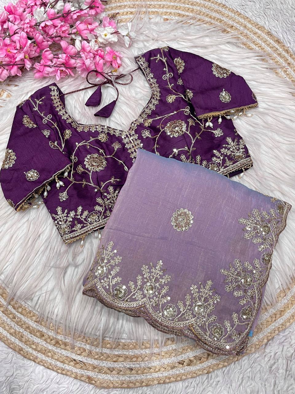 New Designer NC Vichitra Two Tone Purple Saree With Sequence Coding Embroidery Work