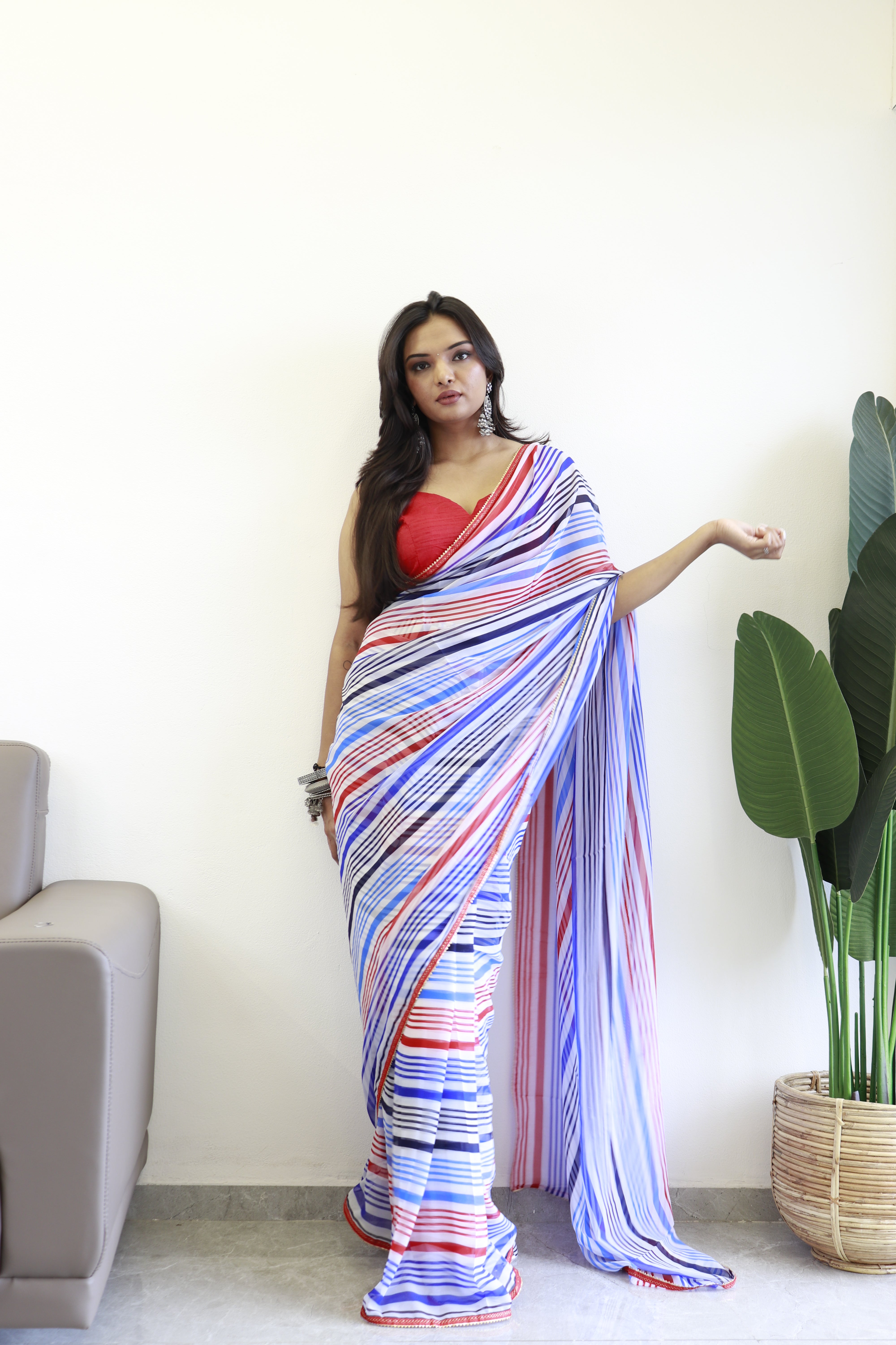 New One Minute Ready Wear Blue Multicolor Strip Saree