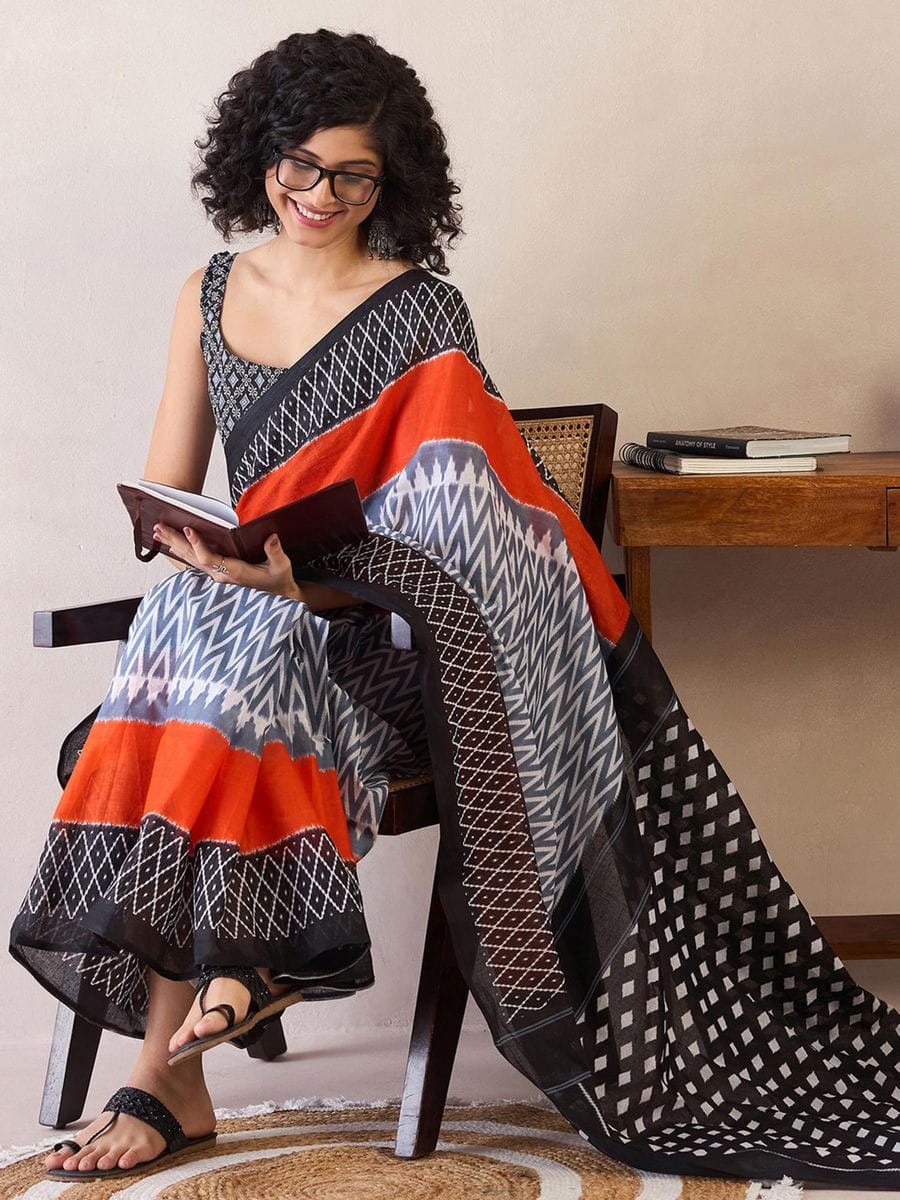 New One Minute Ready To Wear  Pure Soft Mul Cotton Silk zigzag Design Orange Bordered Black Saree With Pocket Along With Same Model Digital printed Unstiched Blouse Piece
