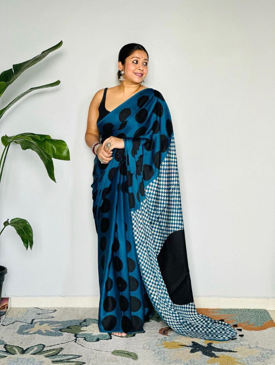 New Designer Premium Ajrakh Printed Black Dotted Blue Gajji Silk Saree With Latkan