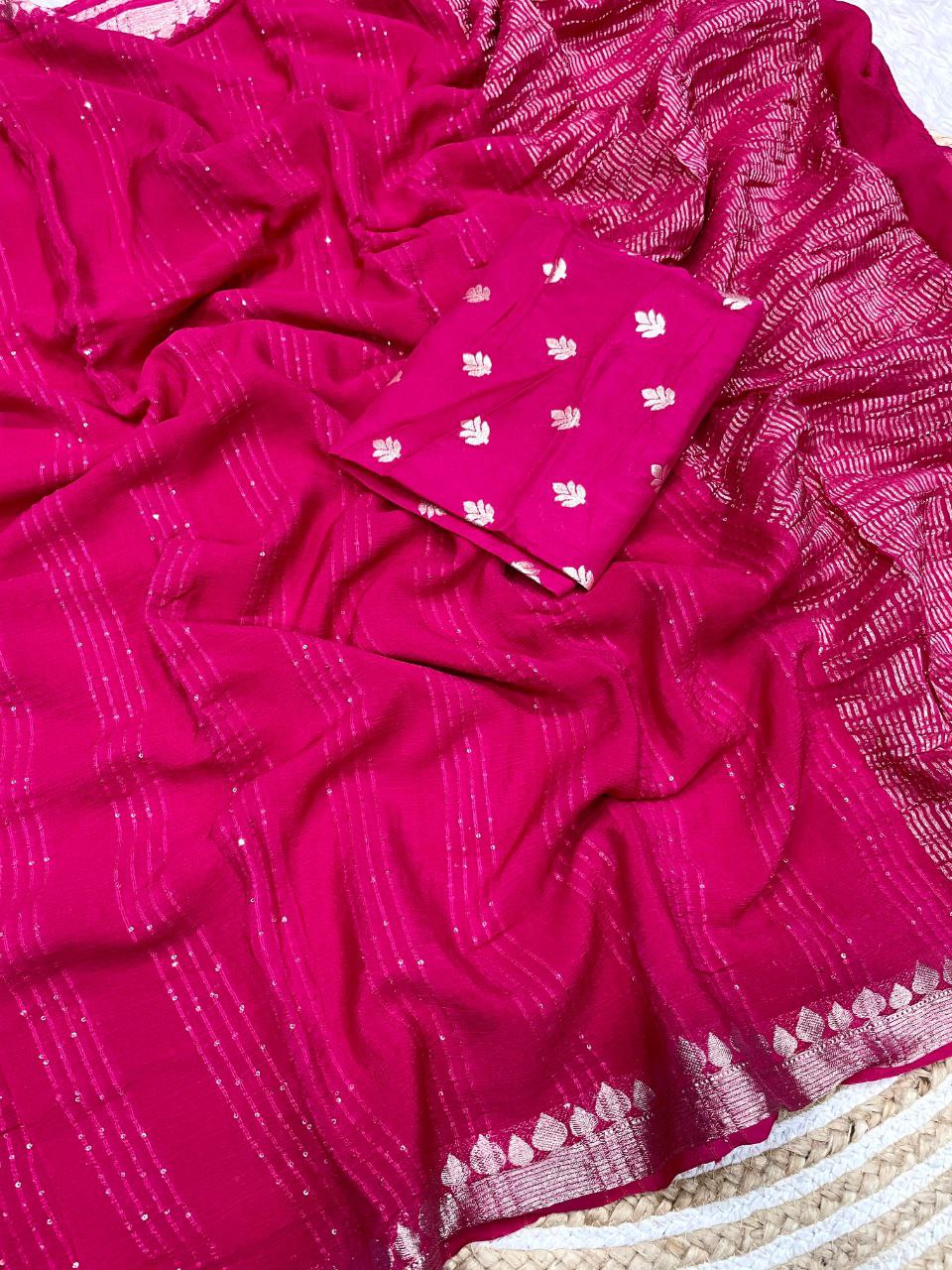 New Designer Pure Chinnon Chiffon Silk Saree - Rani Pink