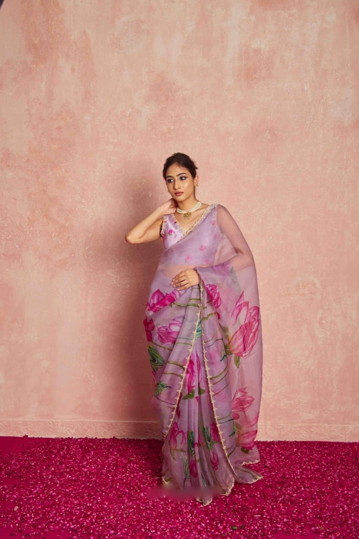 New One Minute Ready To Wear Soft Organza Silk Lavender Saree with Beautiful Hand Worked Moti  And Val Work With Same Handworked Stiched Blouse