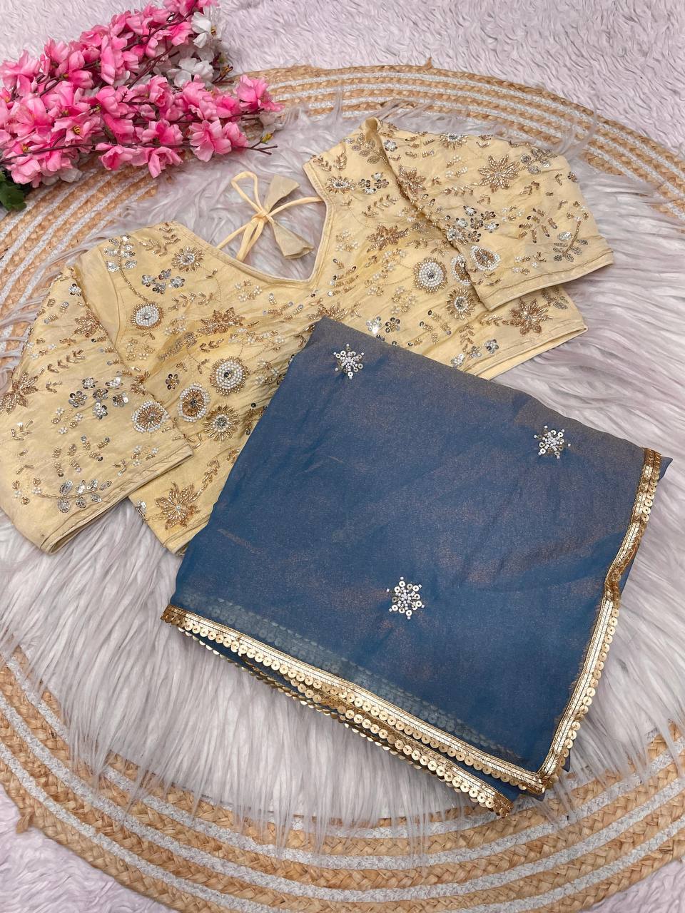 New Designer NC Moss Sattin Saree With All Over Birts Sequence Butti Work - Blue