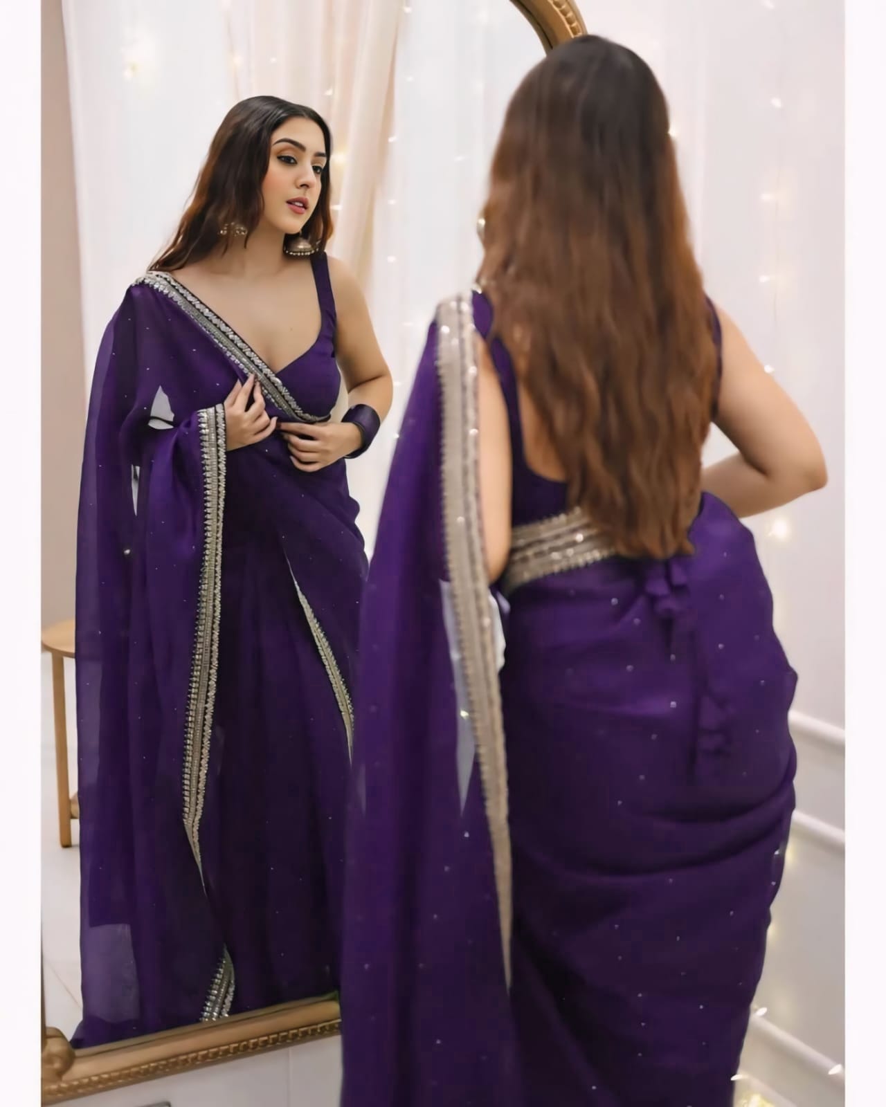 New One Minute Ready To Wear Pure Soft Organza Silk Dark Purple Saree With Beautiful Diamond Work All Over The Saree Handwork With Same Colour Stiched Blouse
