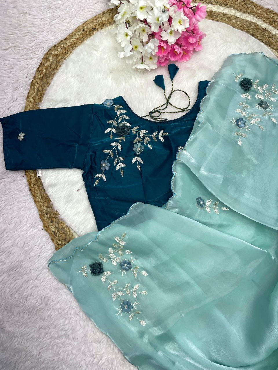 New Designer Jimmy Choo Satin Saree With Khatli Cutdana Handwork - Light Teal Blue