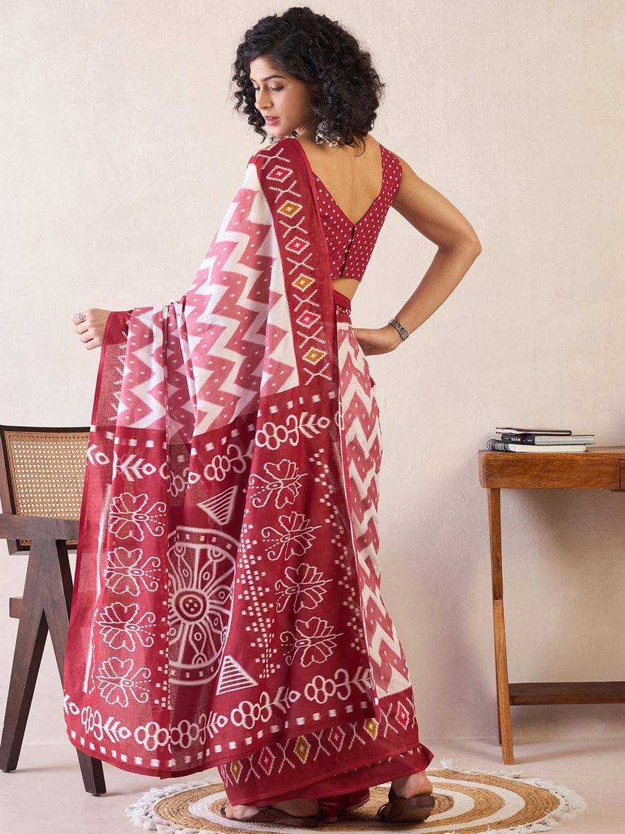 New One Minute Ready To Wear  Pure Soft Mul Cotton Silk zigzag Design Maroon-White Saree With Pocket Along With Same Model Digital printed Unstiched Blouse Piece