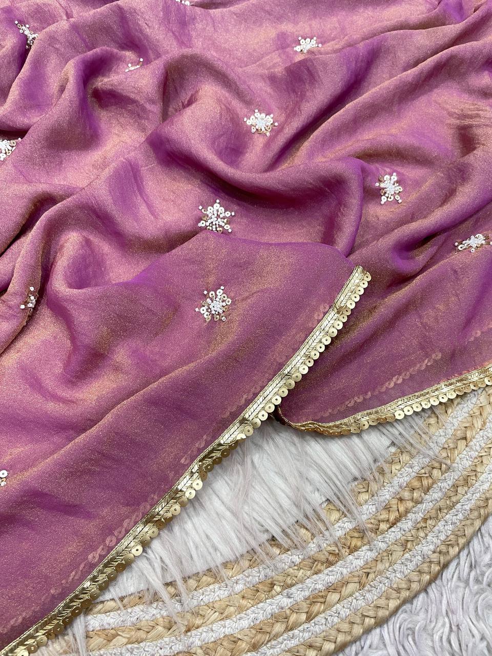 New Designer NC Moss Sattin Saree With All Over Birts Sequence Butti Work - Pink