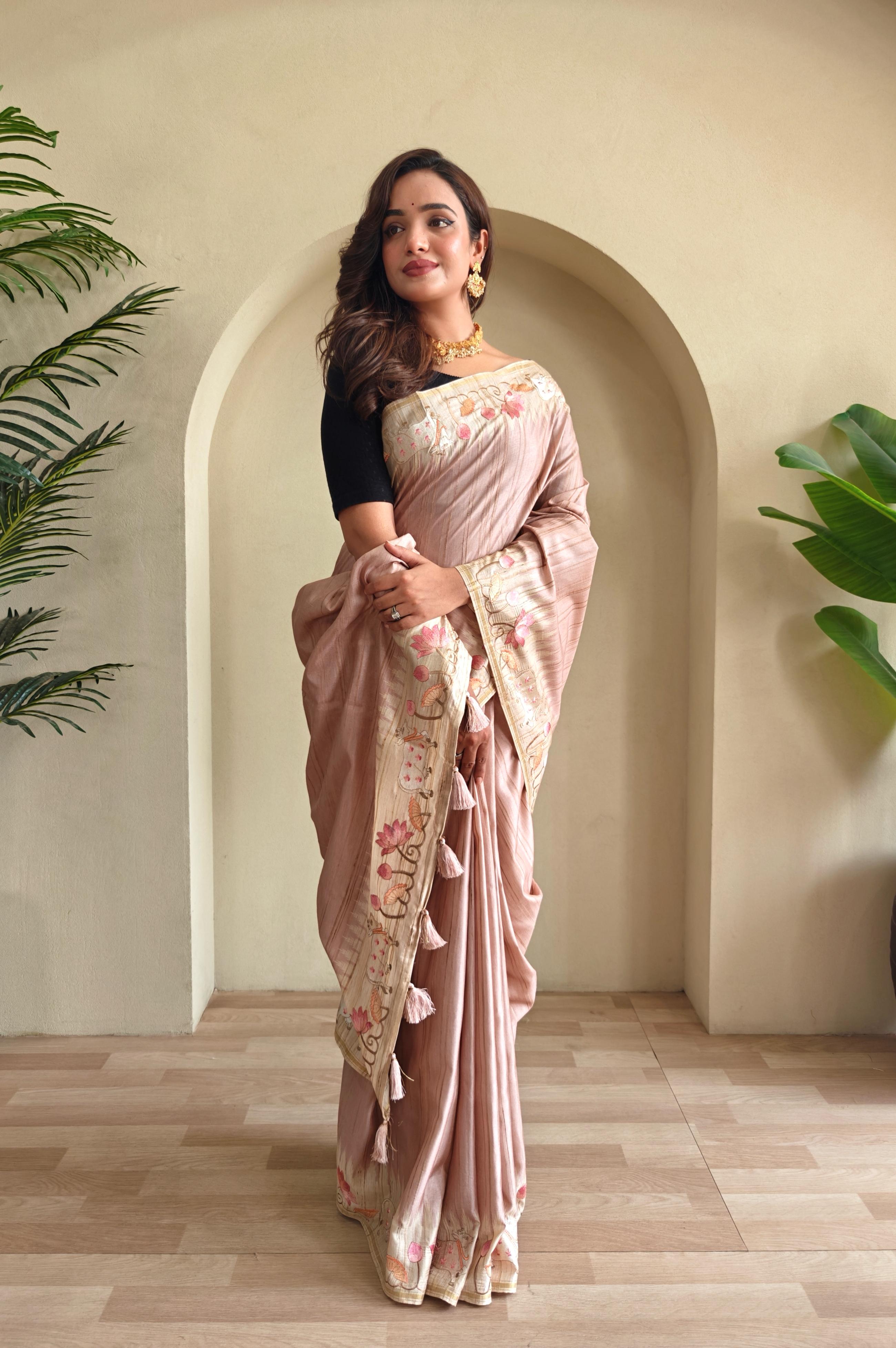 New Designer Premium Pure Loom Tusser Rusty Pink Saree With All Over Pichwai Style Embroidery Pattern and Pallu With Tassles Along With Unstiched Blouse Piece