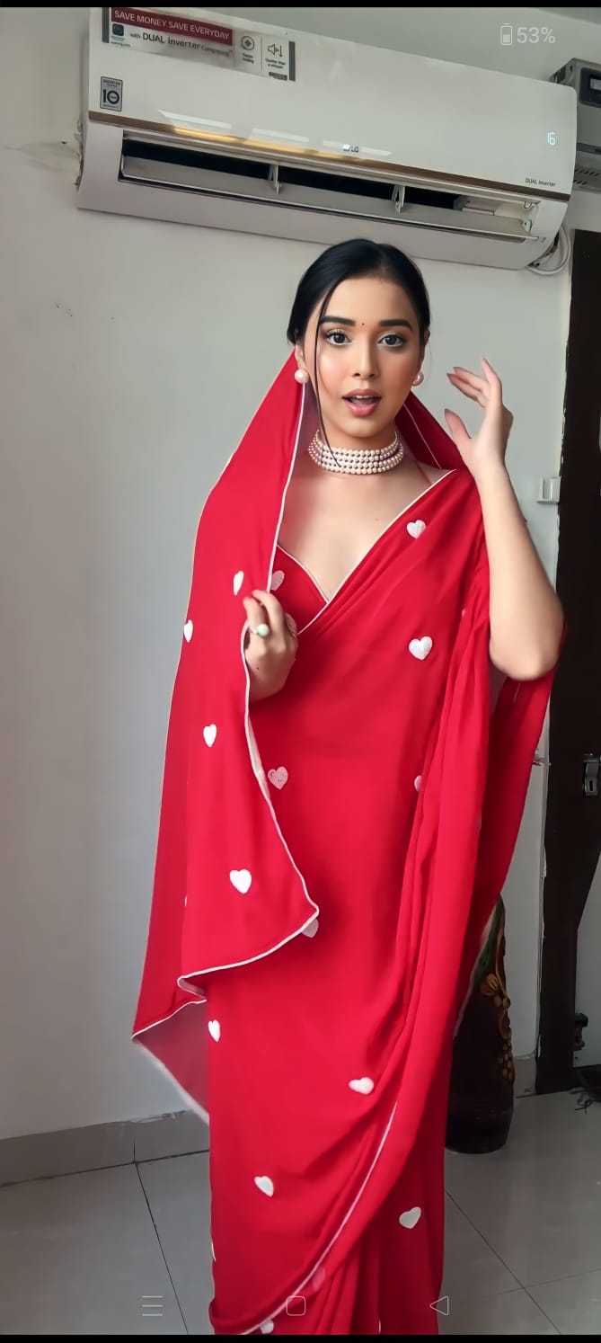 New One Minute Ready To Wear White Heart Embroideried Pure Soft Georgette Silk Red Saree