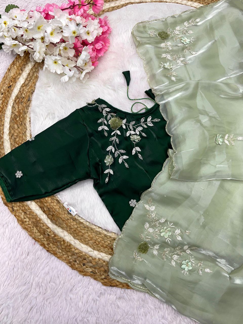 New Designer Jimmy Choo Satin Saree With Khatli Cutdana Handwork - Green