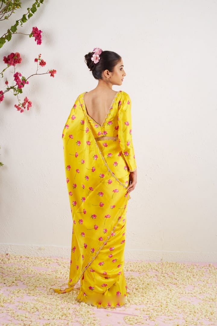 New One Minute Ready To Wear  Pure Soft Satin Silk Beautiful Flower Digital Printed Saree With Cutdana And Moti Handwork With Same Model long Sleeve Stiched Blouse