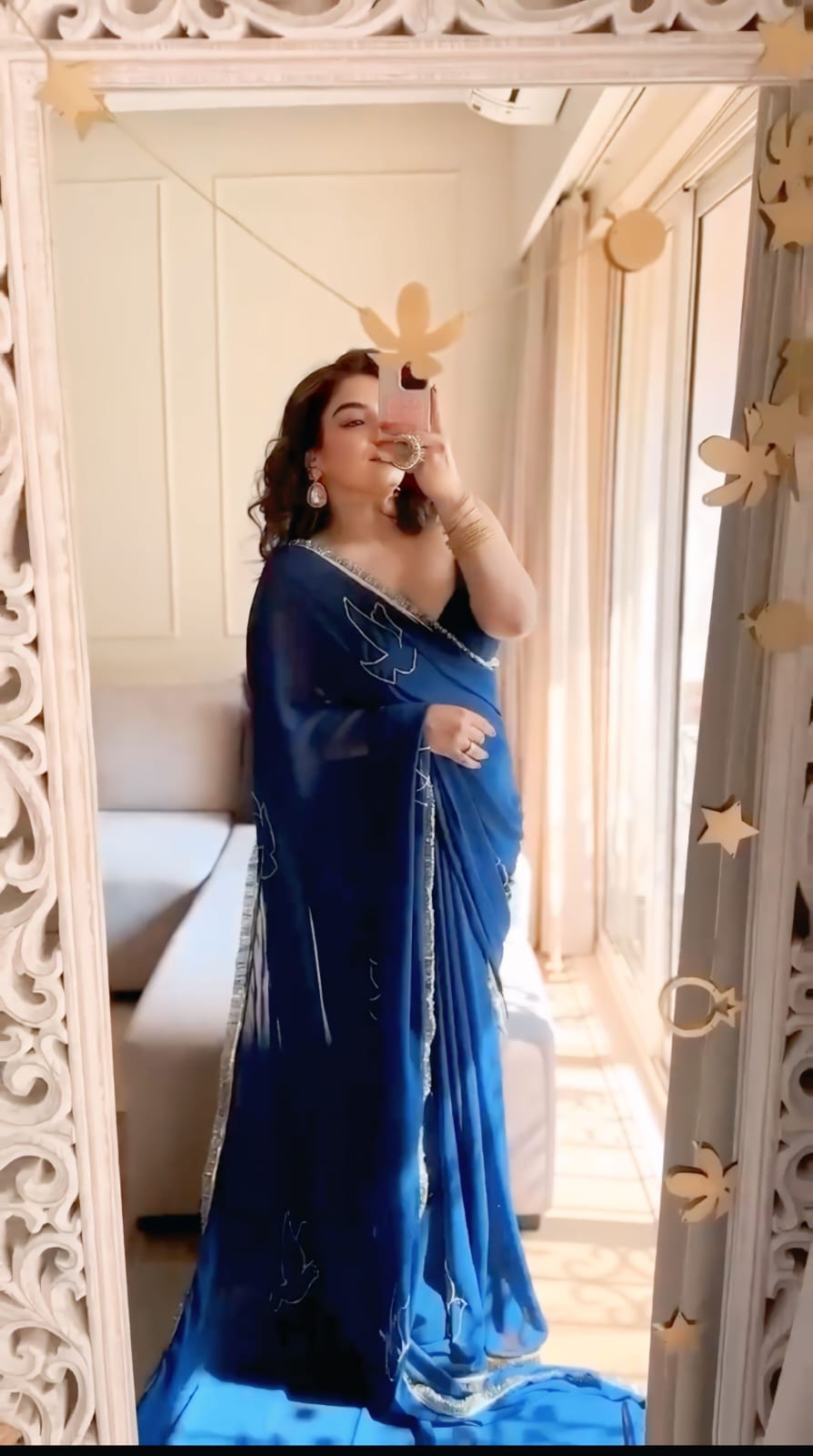 New One Minute Ready To Wear Pure And Soft Blue Georgette Silk Saree With Beautiful Dove Hand Work With Fully Stiched Blouse