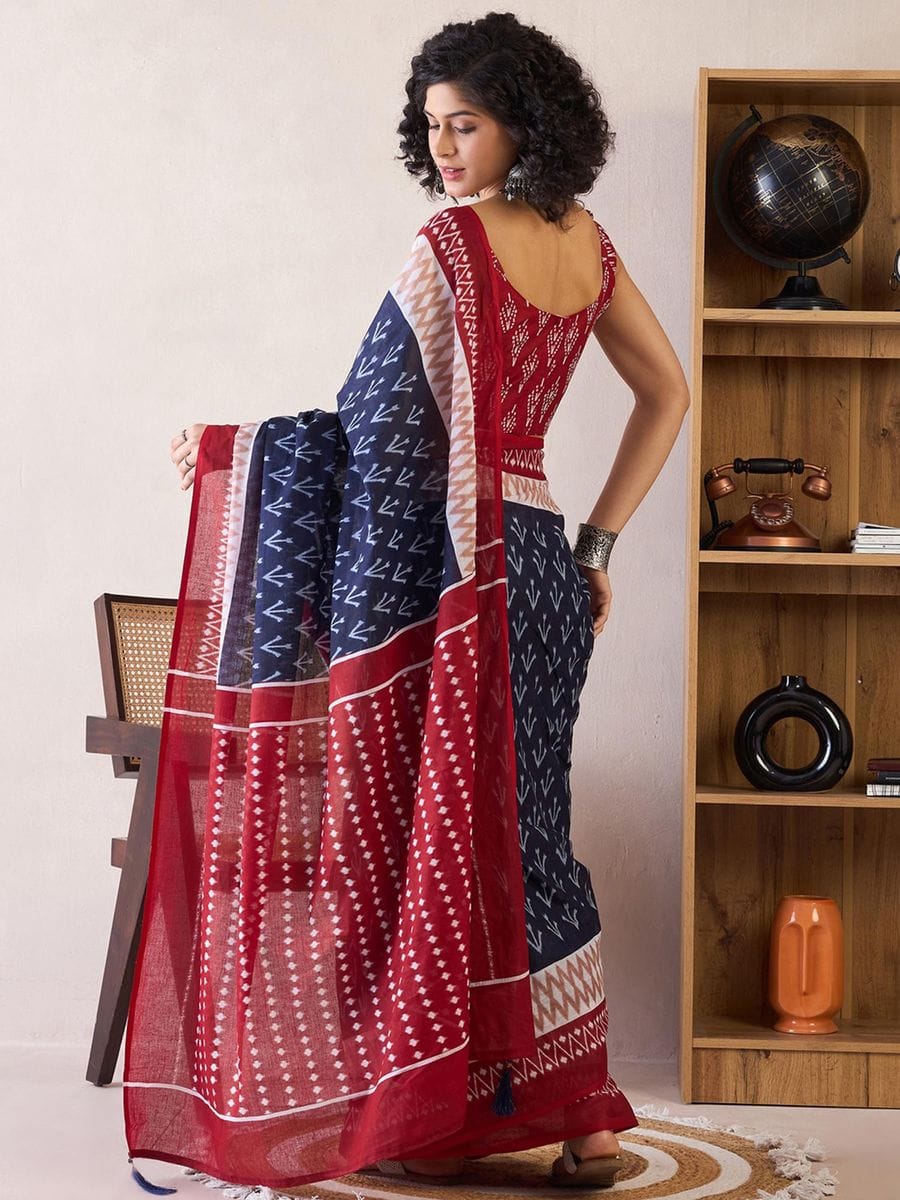 New One Minute Ready To Wear Flower Designed Pure Soft Mul Cotton Silk Blue - Red Saree With  Pocket Along With Running Unstiched Blouse Piece