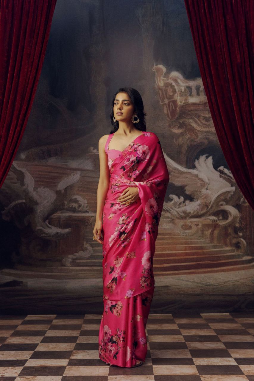 New Designer Premium Flower Printed Satin Pink Saree