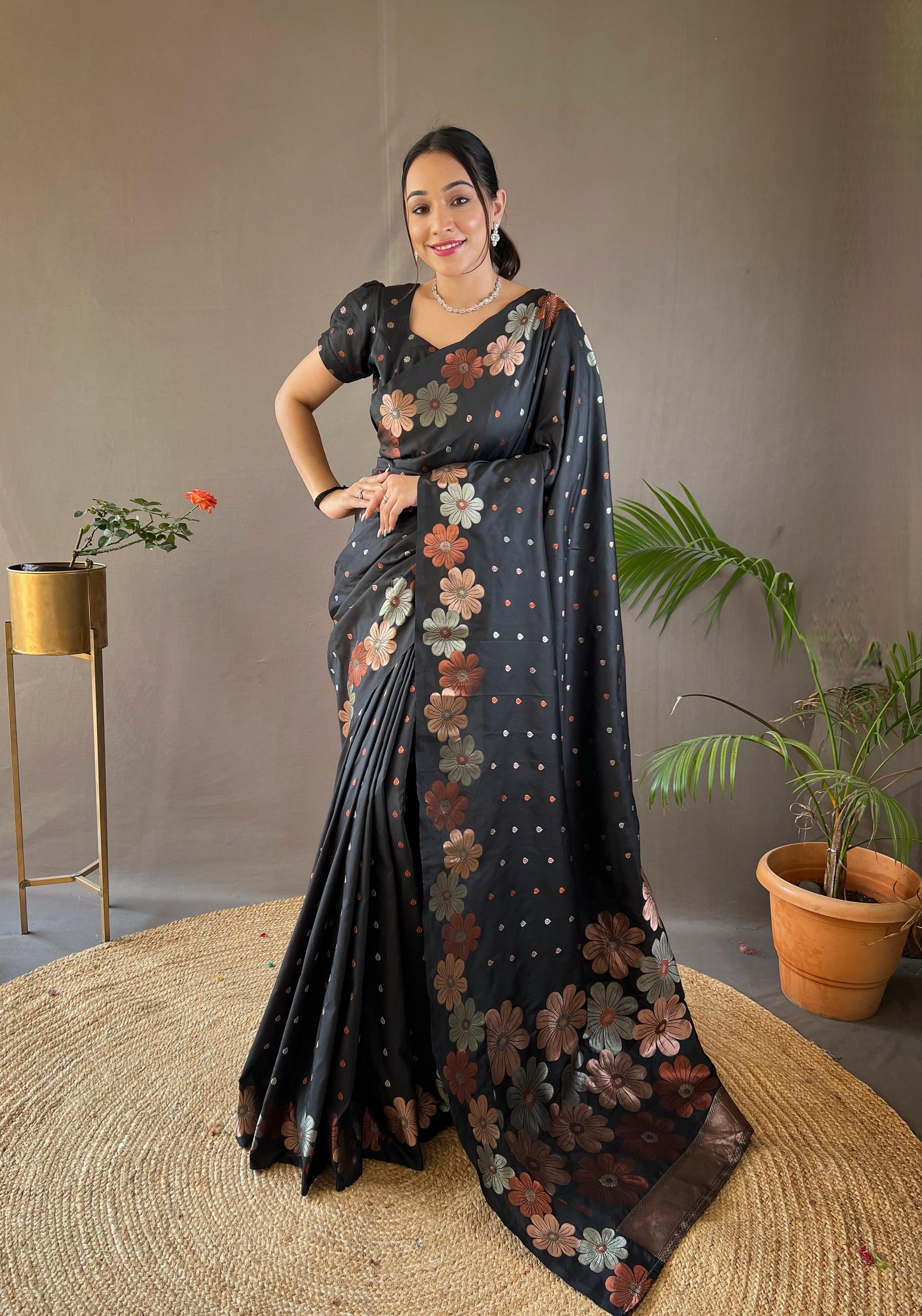 New Designer Pure Soft Silk Black Saree With Copper and Gold Weaving All Over Saree With Running Unstiched Blouse Piece