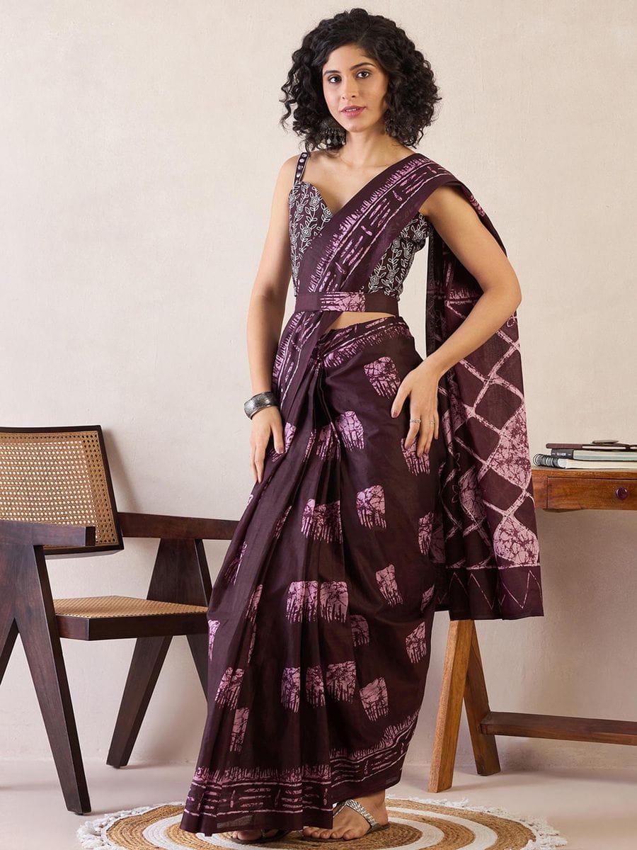 New One Minute Ready To Wear  Pure Soft Mul Cotton Silk Wine Saree With  Pocket Along With Running Unstiched Blouse Piece