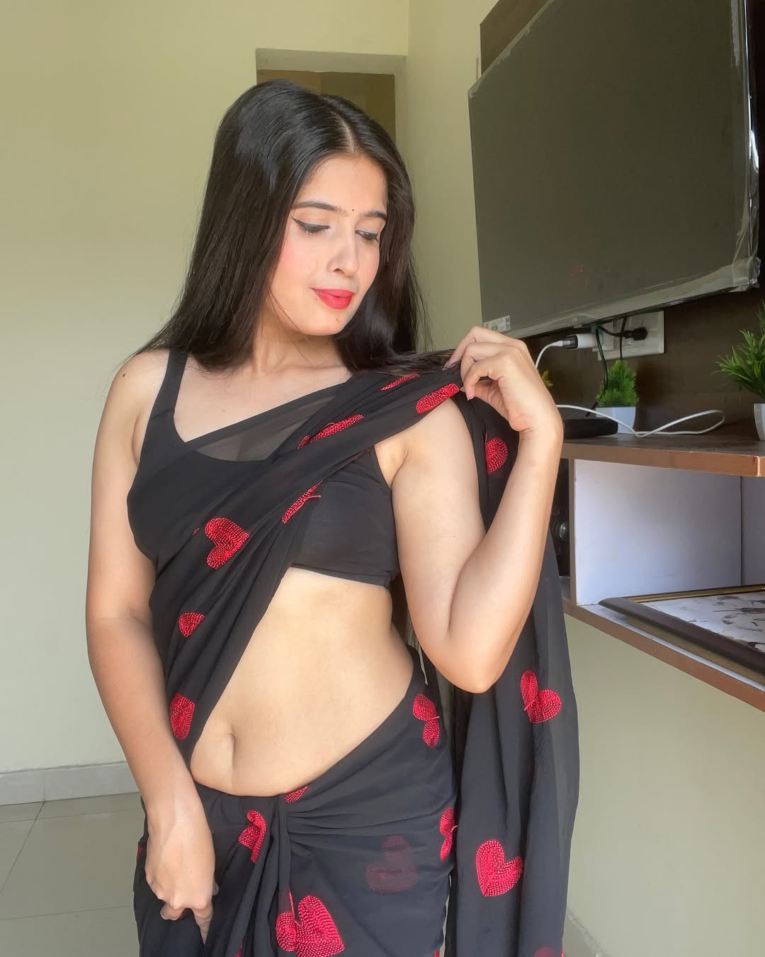 New One Minute Ready To Wear  Pure Soft Georgette Silk Black Saree With Beautiful Red Heart Embroidery Along With Embroidery Unstiched Blouse Piece