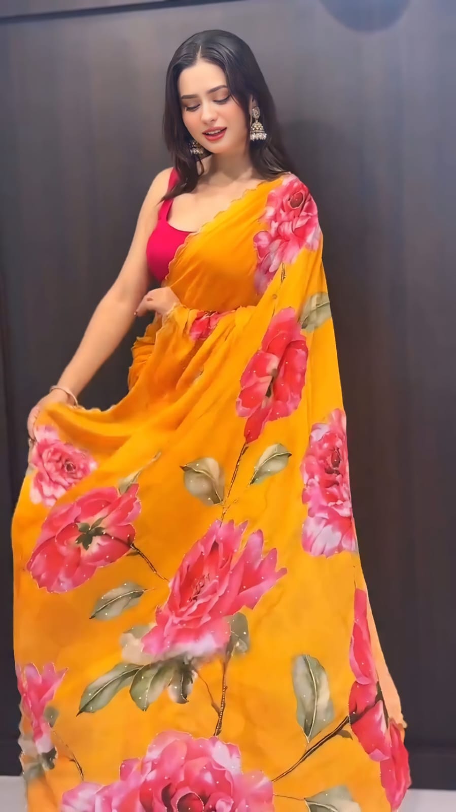 New One Minute Ready To Wear Pure Georgette Silk Yellow Saree With Beautiful Cutdana Handwork With Unstiched Blouse Piece