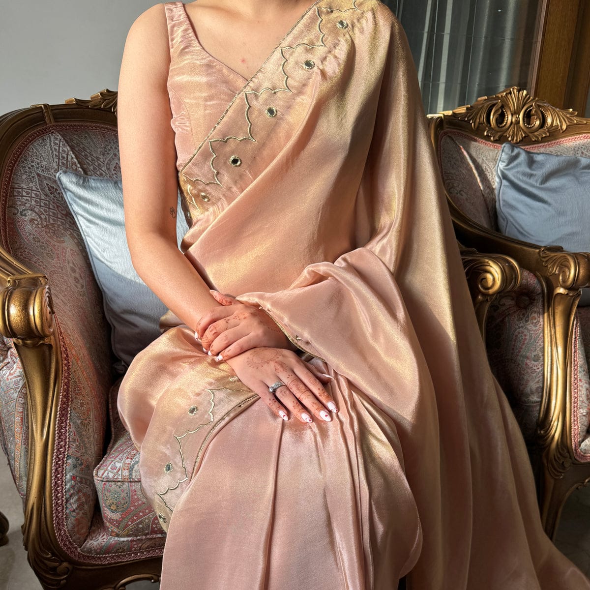 New One Minute Ready To Wear Pure Soft Malai Satin Silk Saree With Beautiful Cutdana And Mirror Hand Work with Same Model Patern Stiched Blouse