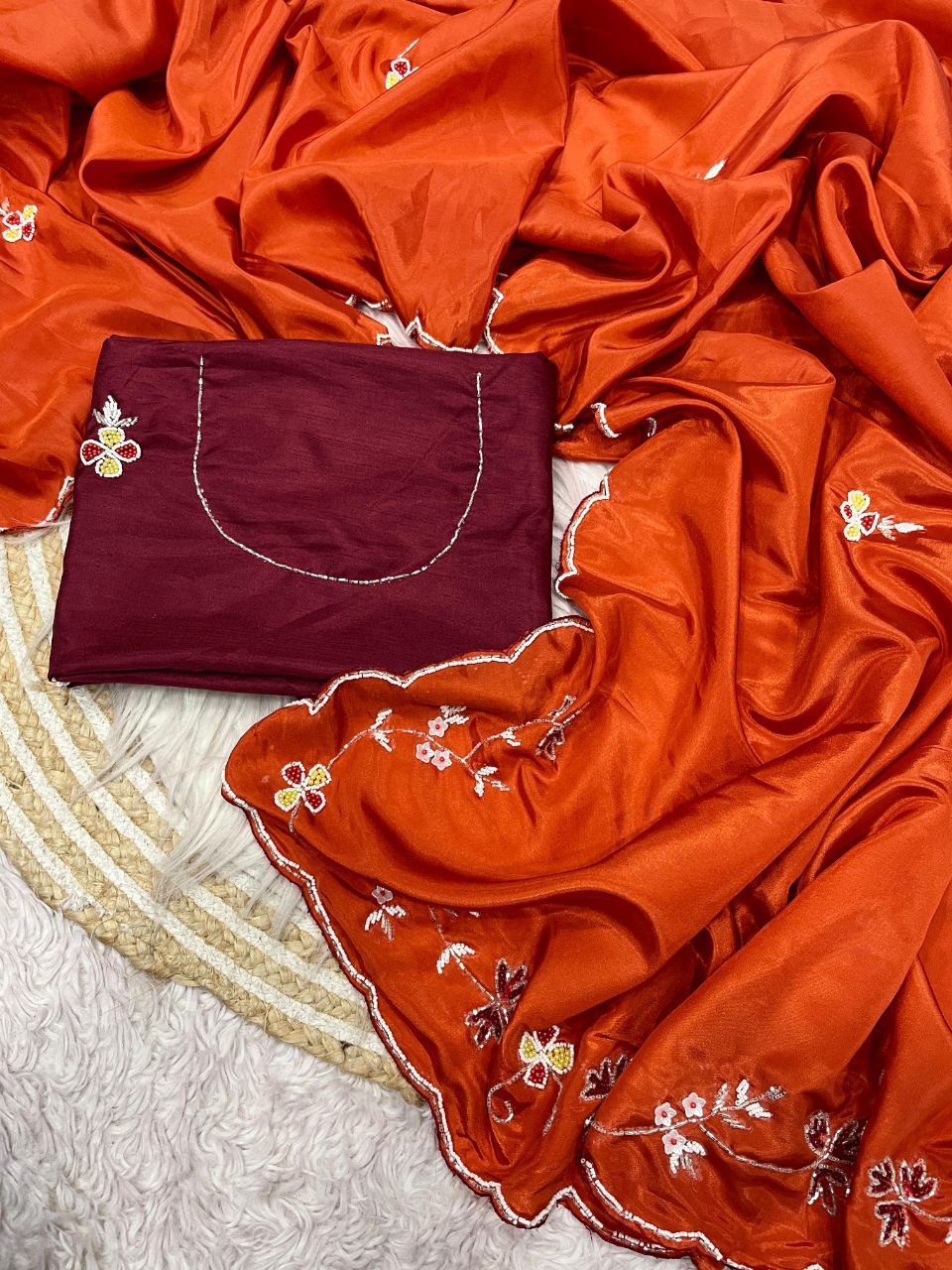 New Designer HO Silk Saree With Arco Border Cutdana Hand Work - Orange