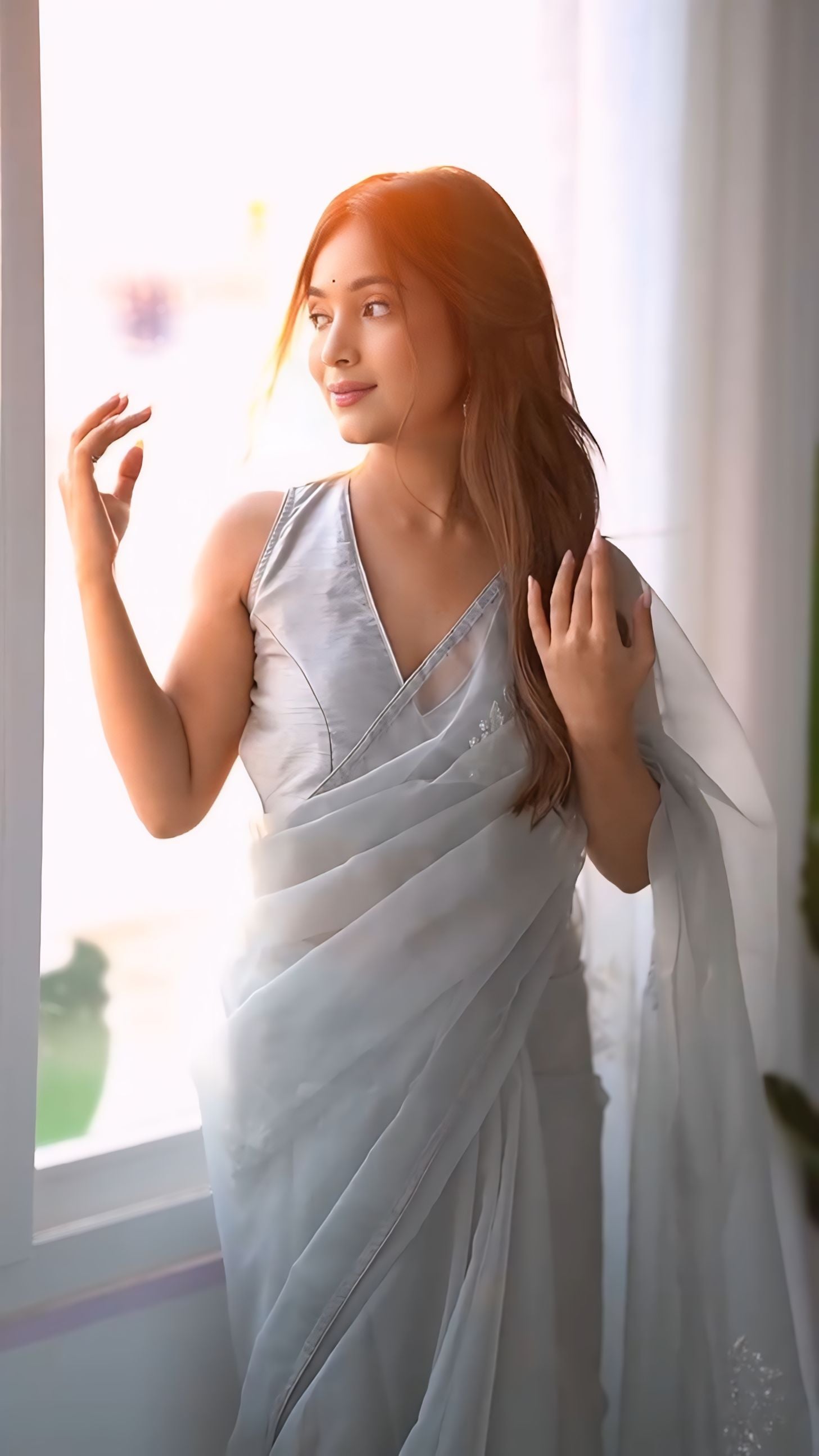 New One Minute Ready To Wear  Pure Soft Organza Silk Grey Saree With Beautiful Moti and Cutdana Handwork With Stiched Blouse