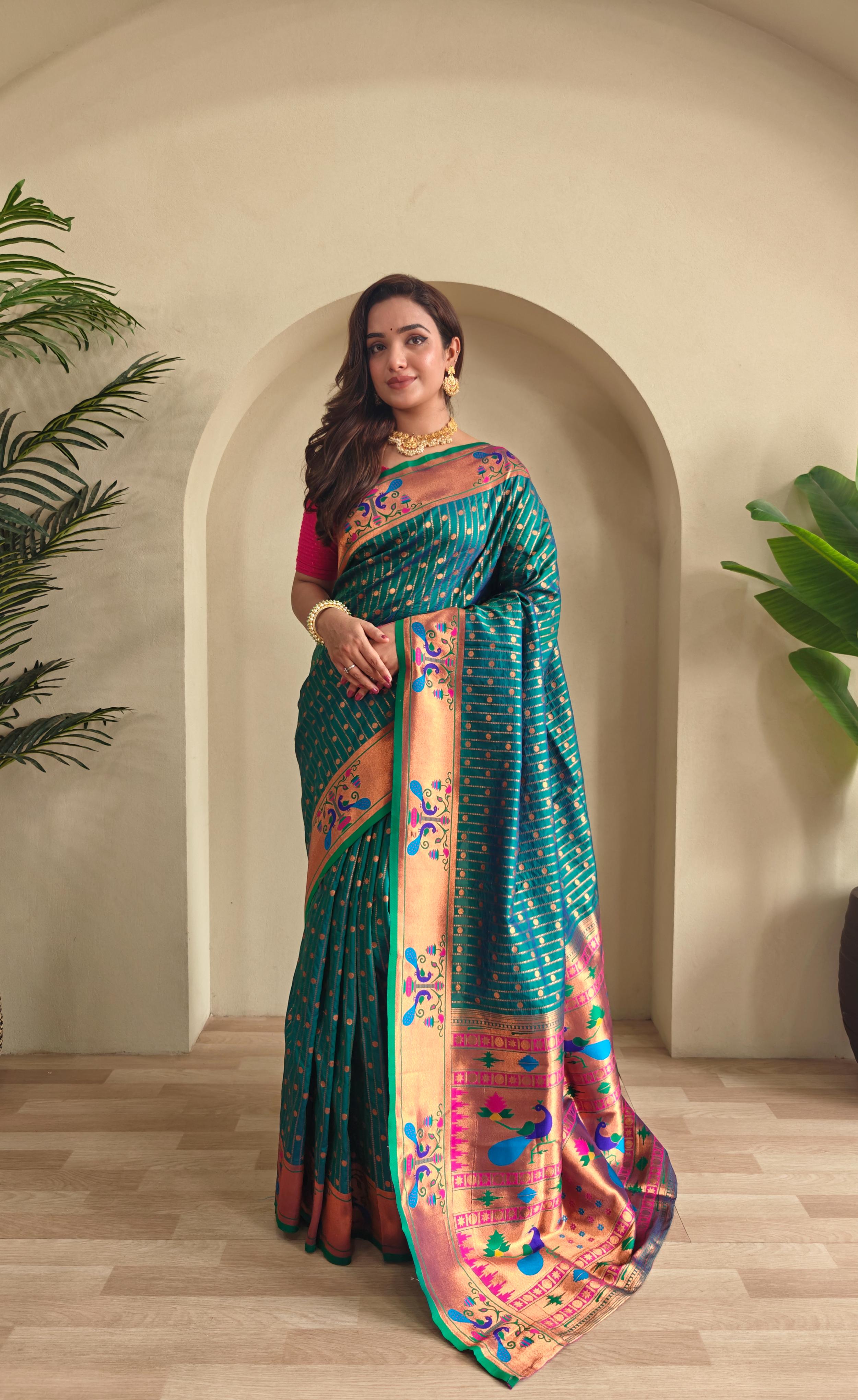 New Designer Premium Paithani Teal Blue Saree With Rich Weaved Paithani Pallu Along With All Over Polka Design With Contrast Unstiched Blouse Piece