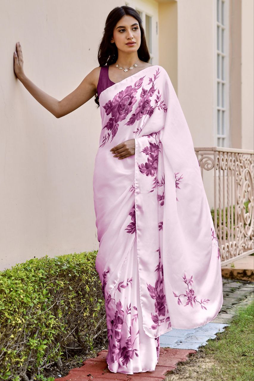 New Designer Premium Pink Flower Printed Saree