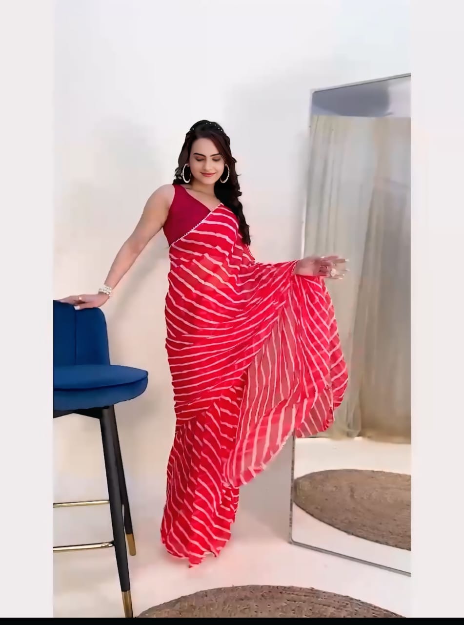 New One Minute Ready To Wear  Pure Soft Georgette Silk Leheriya Printed Red Saree With Same Model Unstiched Blouse