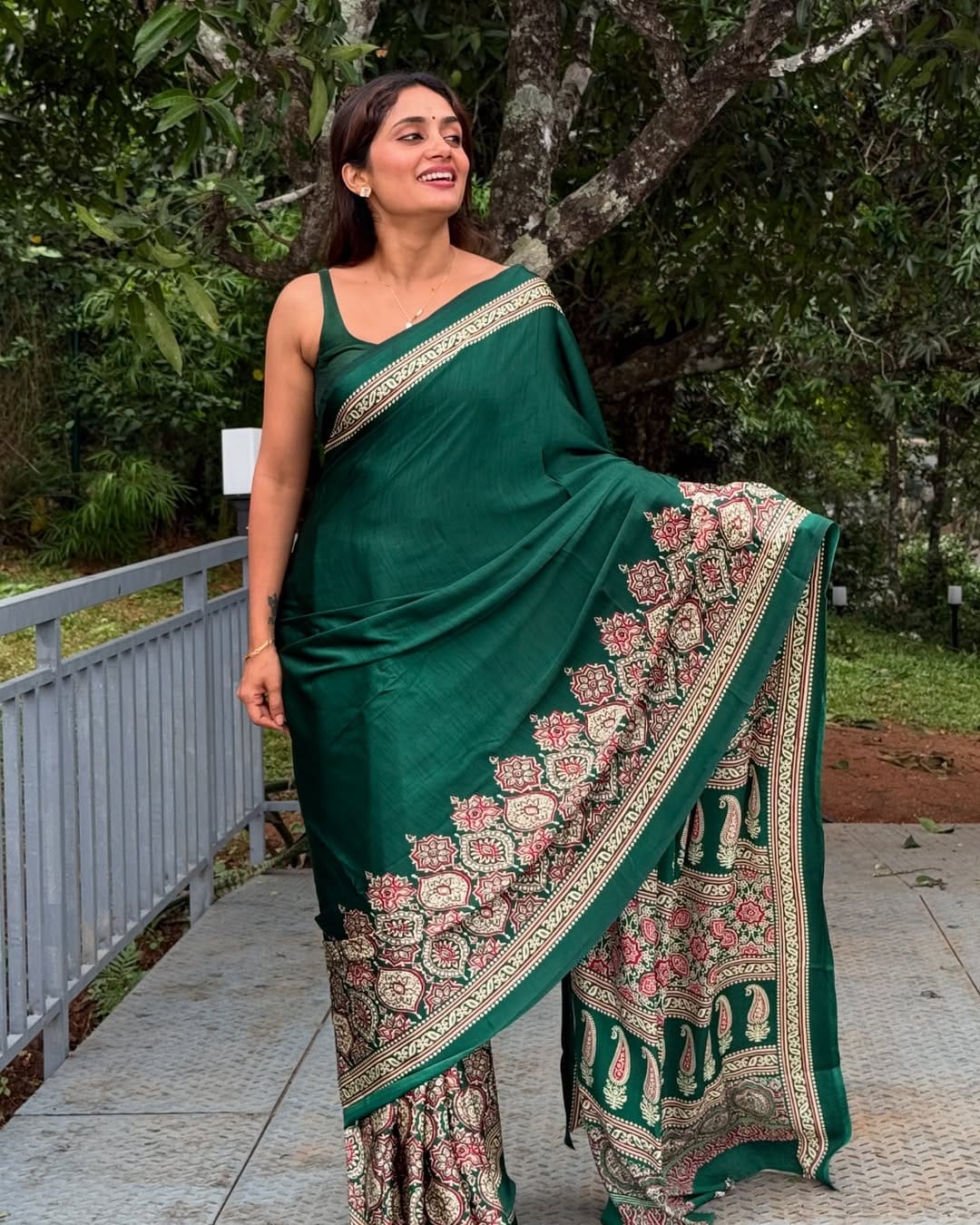 New One Minute Ready To Wear Digital Printed Crape Silk Bottle Green Saree