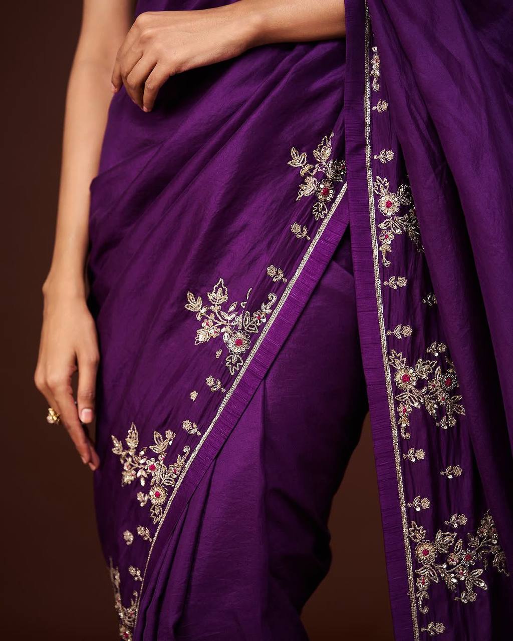 New Designer Natural Chinnon Purple Saree With Coding Sequence Embroidery Work