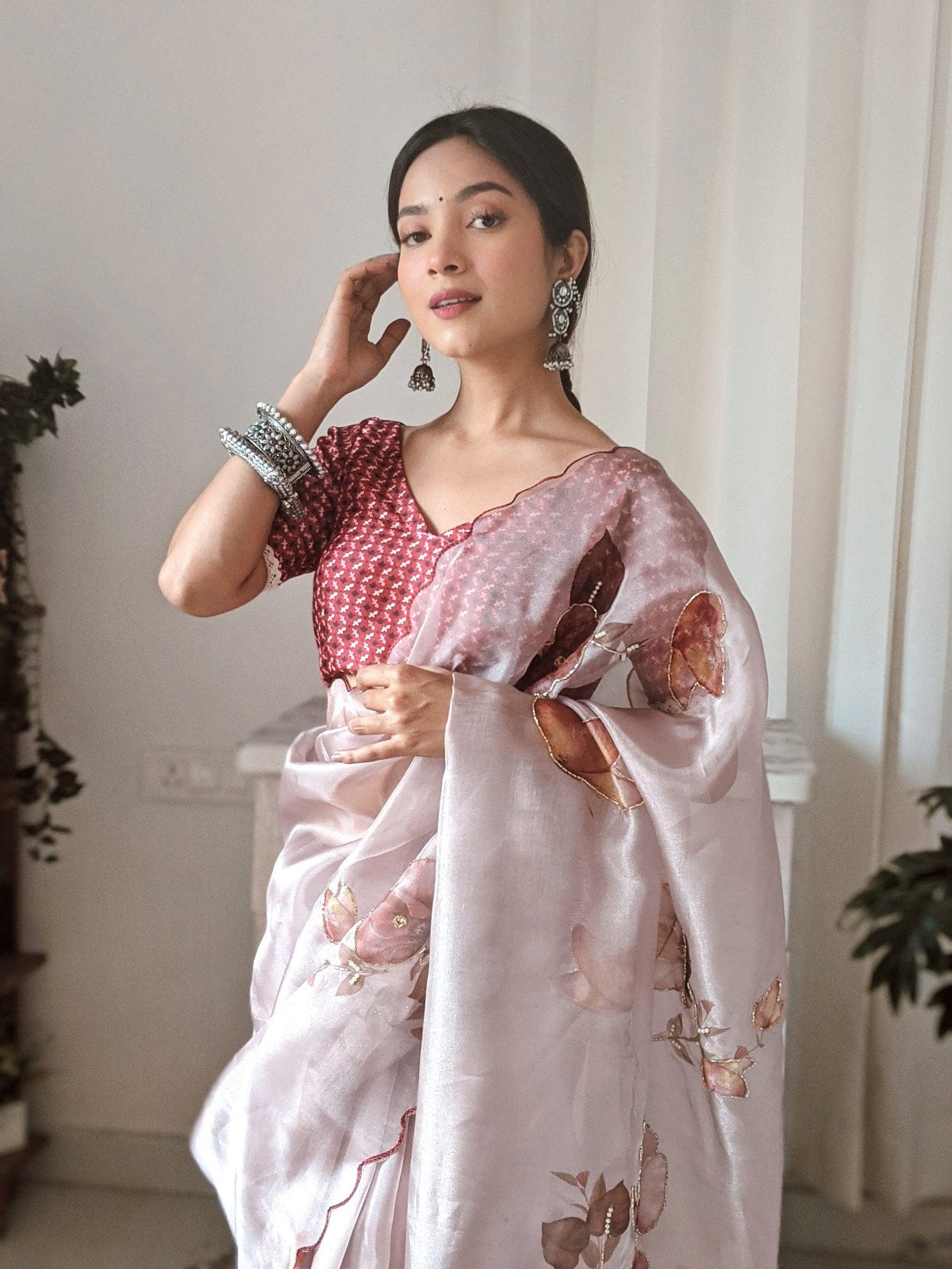 New One Minute Ready To Wear  Pure Soft Organza Silk Saree With Beautiful Moti and Val Handwork With Same Model Unstiched Blouse Piece