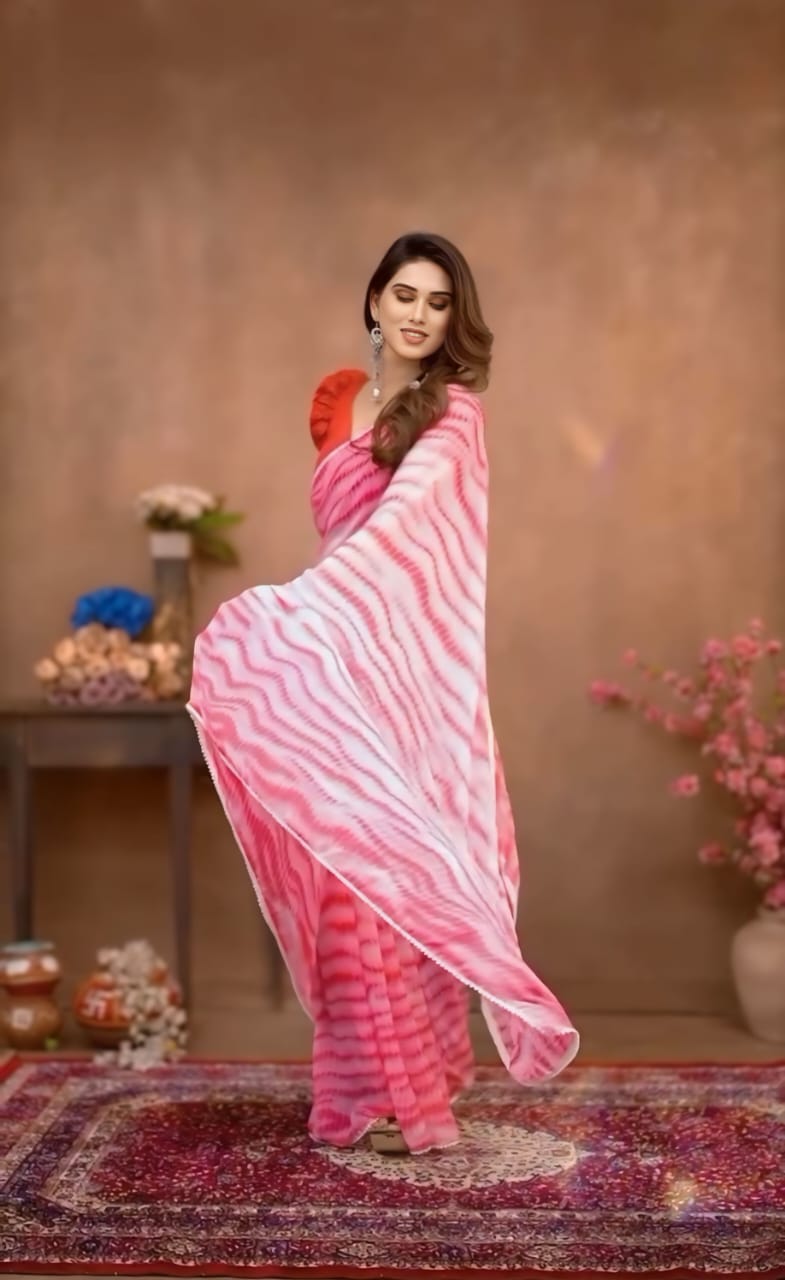 New One Minute Ready To Wear Laheriya Printed Pure Soft Georgette Silk Pink Saree Along With Embroidery Unstiched Blouse Piece