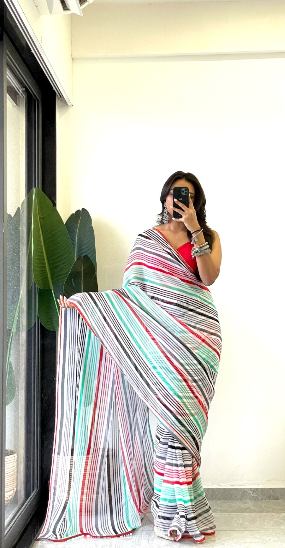 New One Minute Ready Wear Green Multicolor Strip Saree