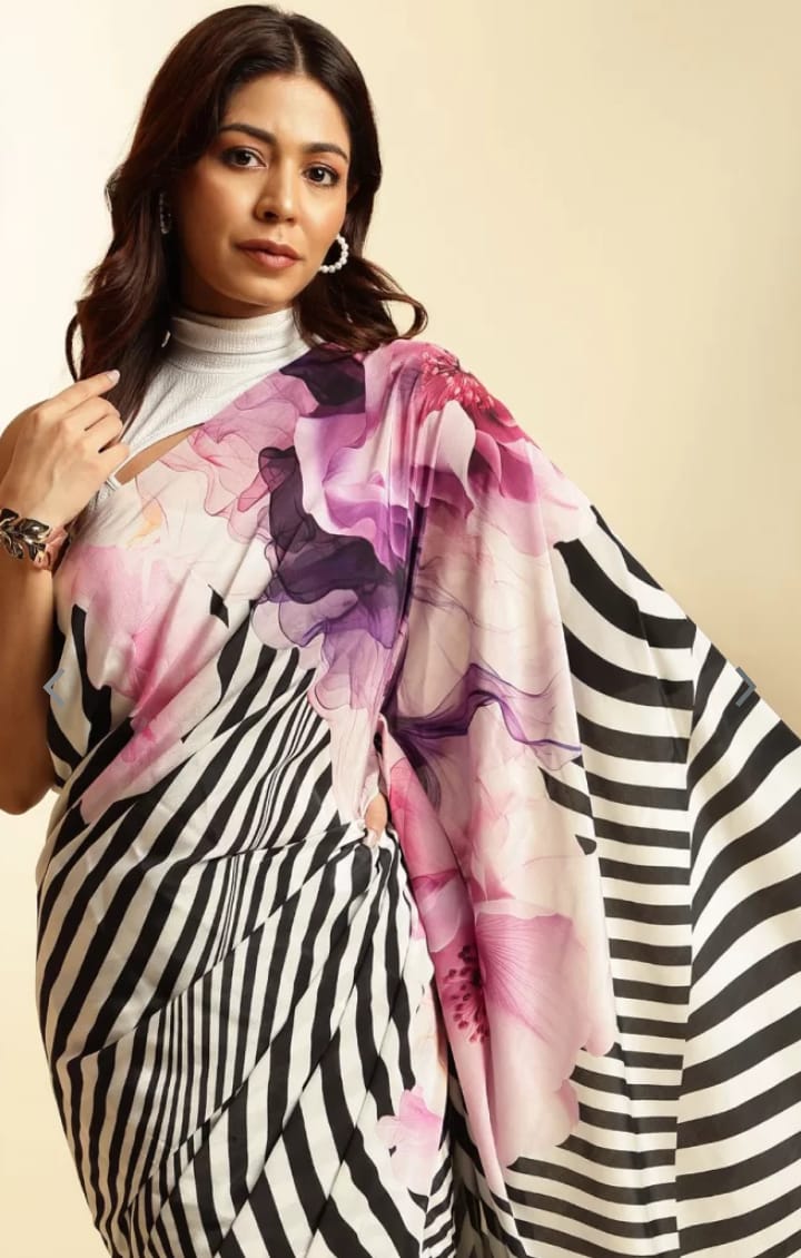 New Designer Original Japan Satin Devsena Zebra And Flower Print Saree With Digital Printed Unstiched Blouse Piece