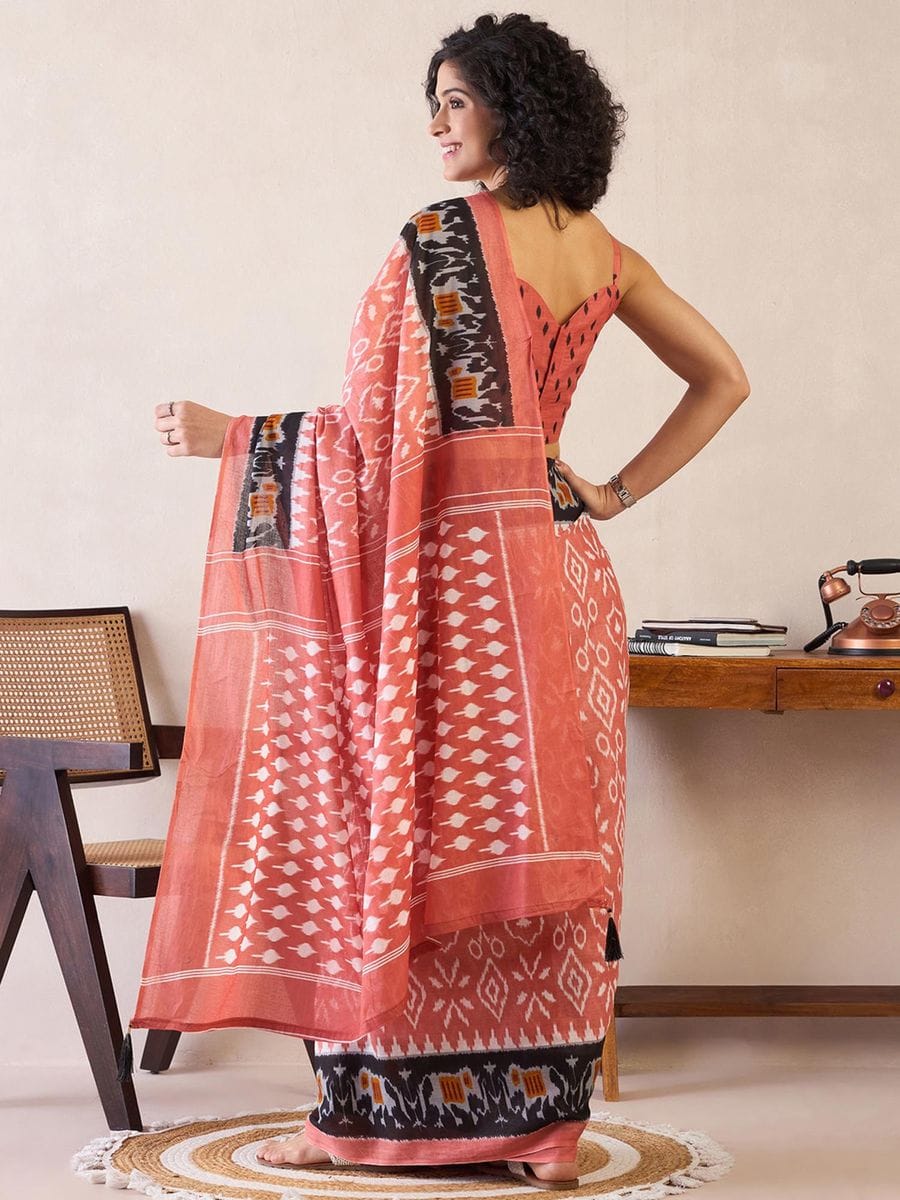 New One Minute Ready To Wear Flower Designed Pure Soft Mul Cotton Silk Peach Saree With  Pocket Along With Same Model  Unstiched Blouse Piece