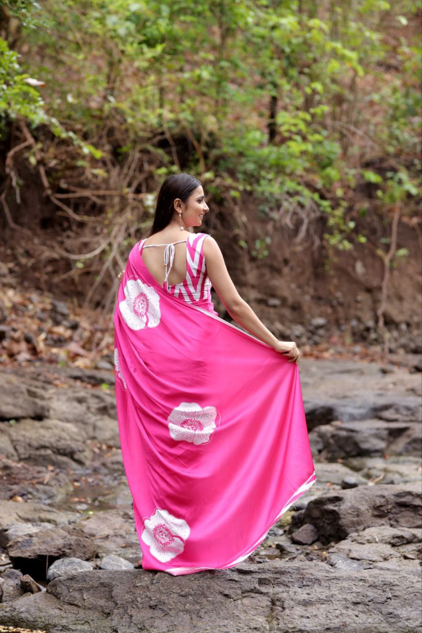 New Designer Original Japan Satin Flower Printed Pink Saree With Digital Printed Unstiched Blouse Piece