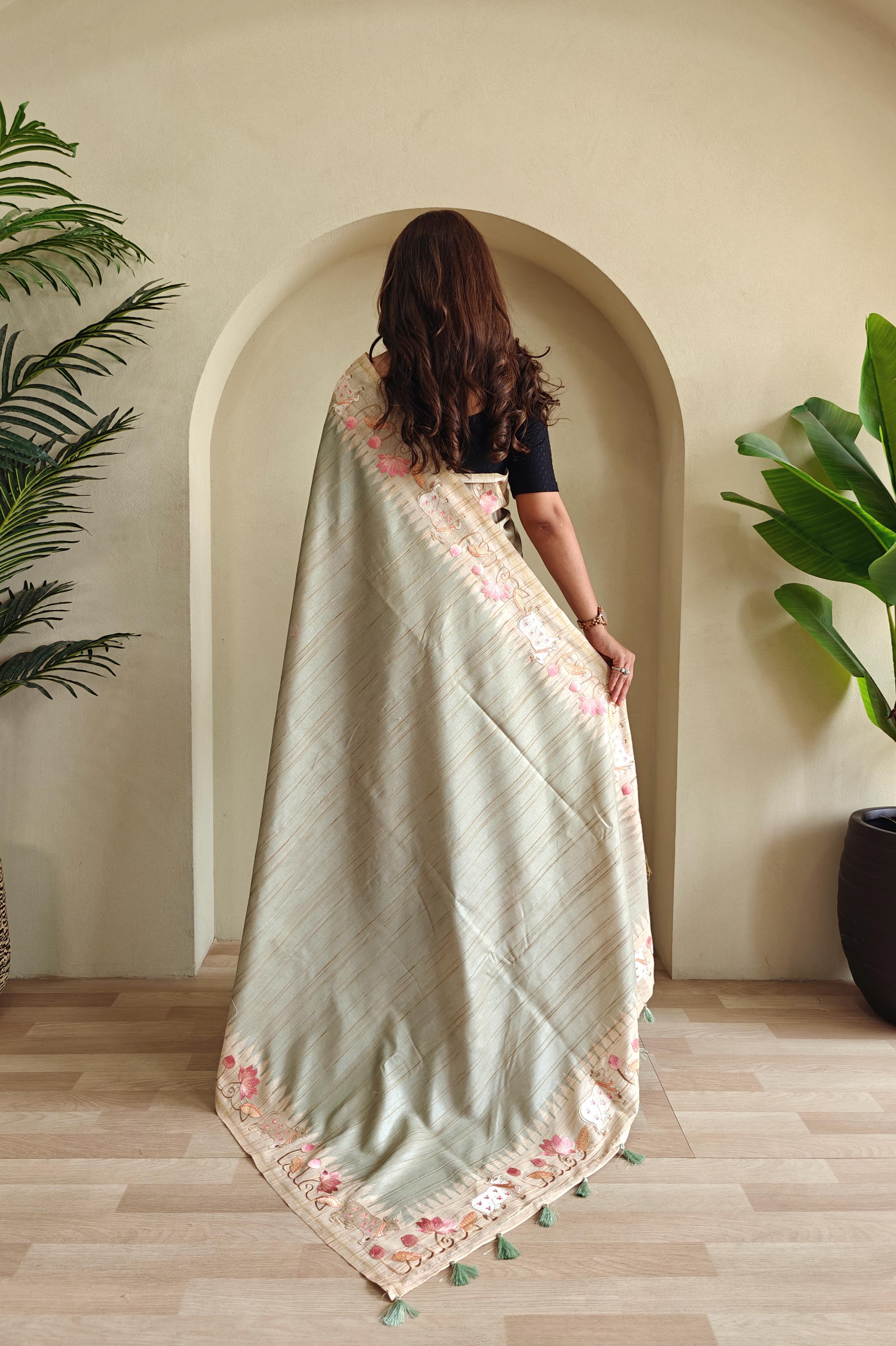 New Designer Premium Pure Loom Tusser Saree With All Over Pichwai Style Embroidery Pattern and Pallu With Tassles Along With Unstiched Blouse Piece