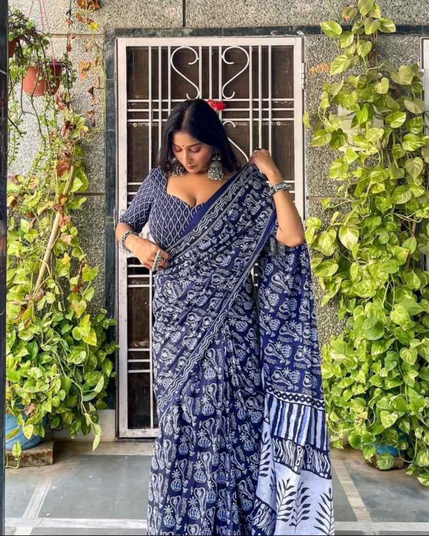 New One Minute Ready To Wear Soft Linen Digital Printed Blue Saree With Same Model Blue Unstiched Blouse Piece