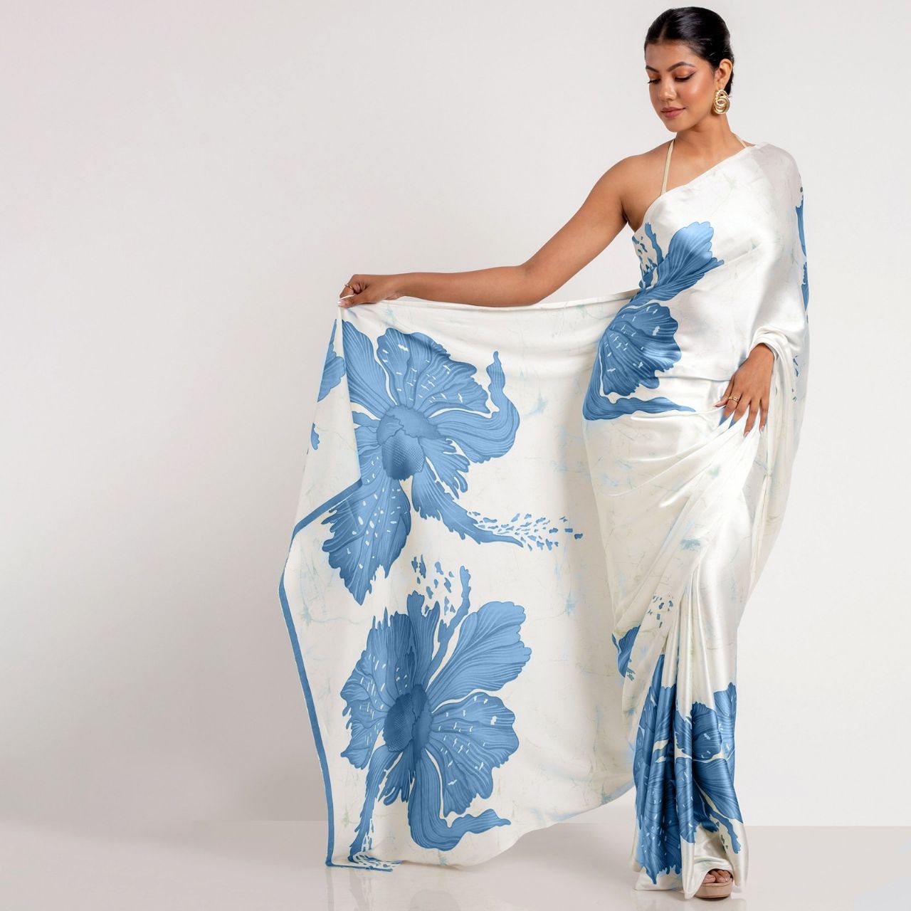 New Designer Original Japan Satin Devsena White Saree With Digital Printed Blue Flower