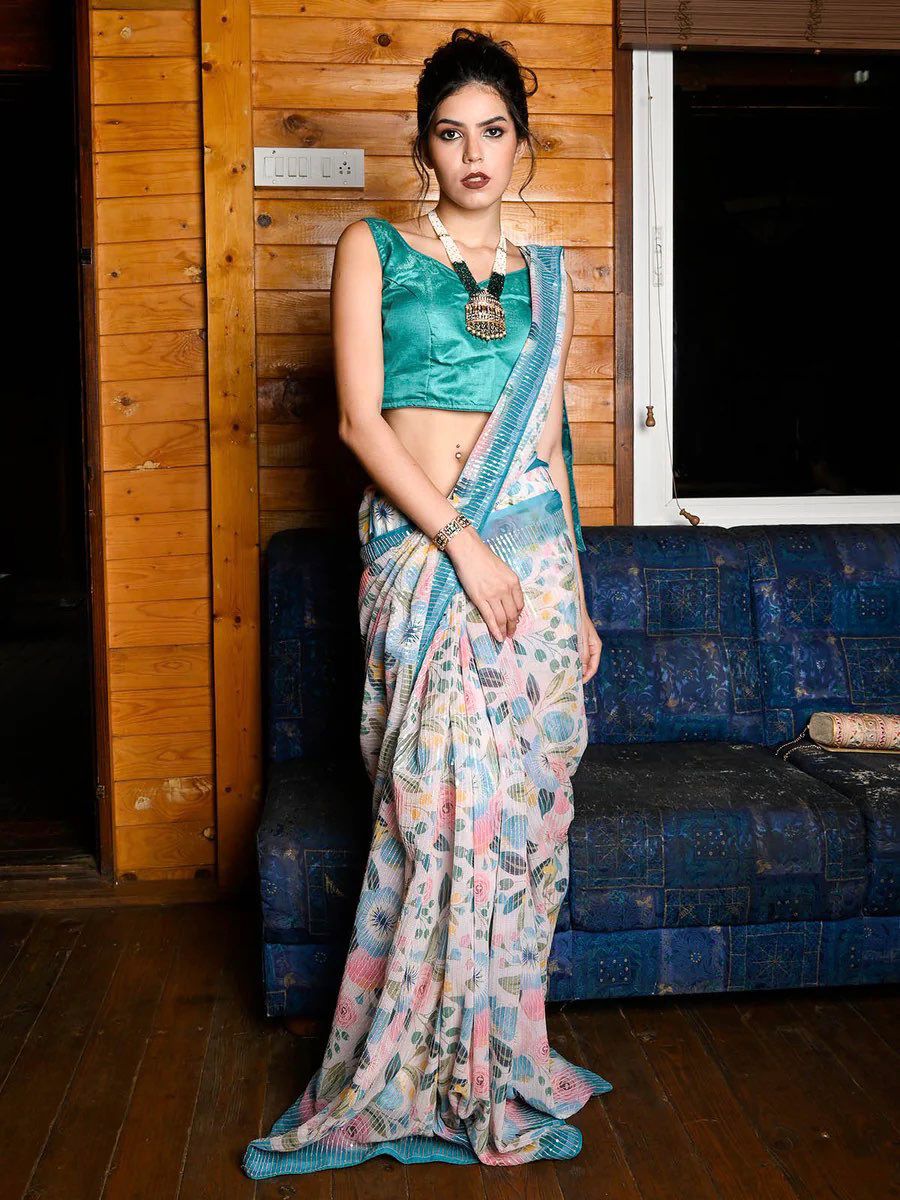 New Designer Beautiful Floral Printed Heavy Georgette Saree With Sequence Embroidery Work Along With Unstiched Blouse Piece