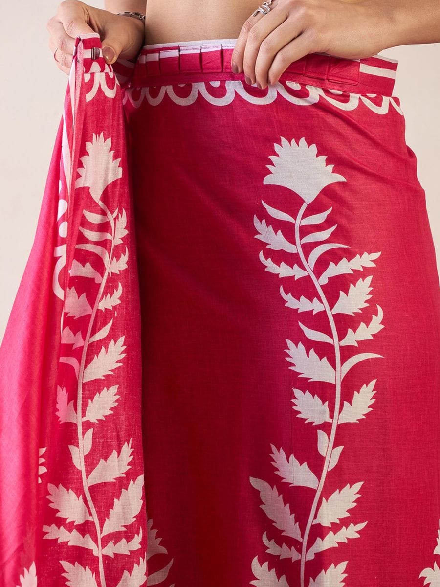 New One Minute Ready To Wear  Pure Soft Mul Cotton Silk Rani Pink Saree With  Pocket Along With Running Unstiched Blouse Piece